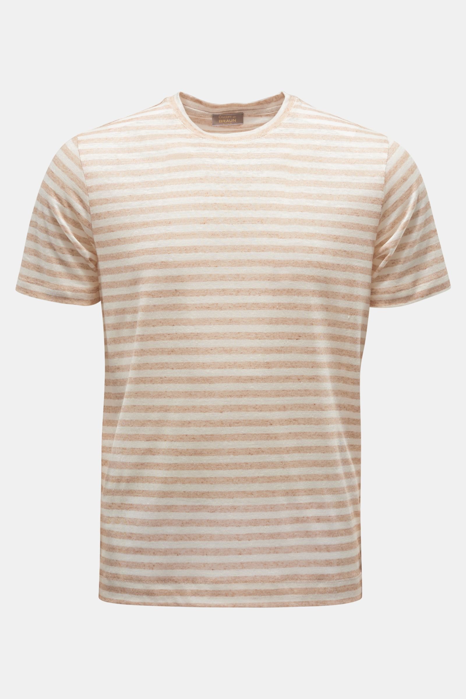 Linen crew neck T-shirt light brown/cream striped