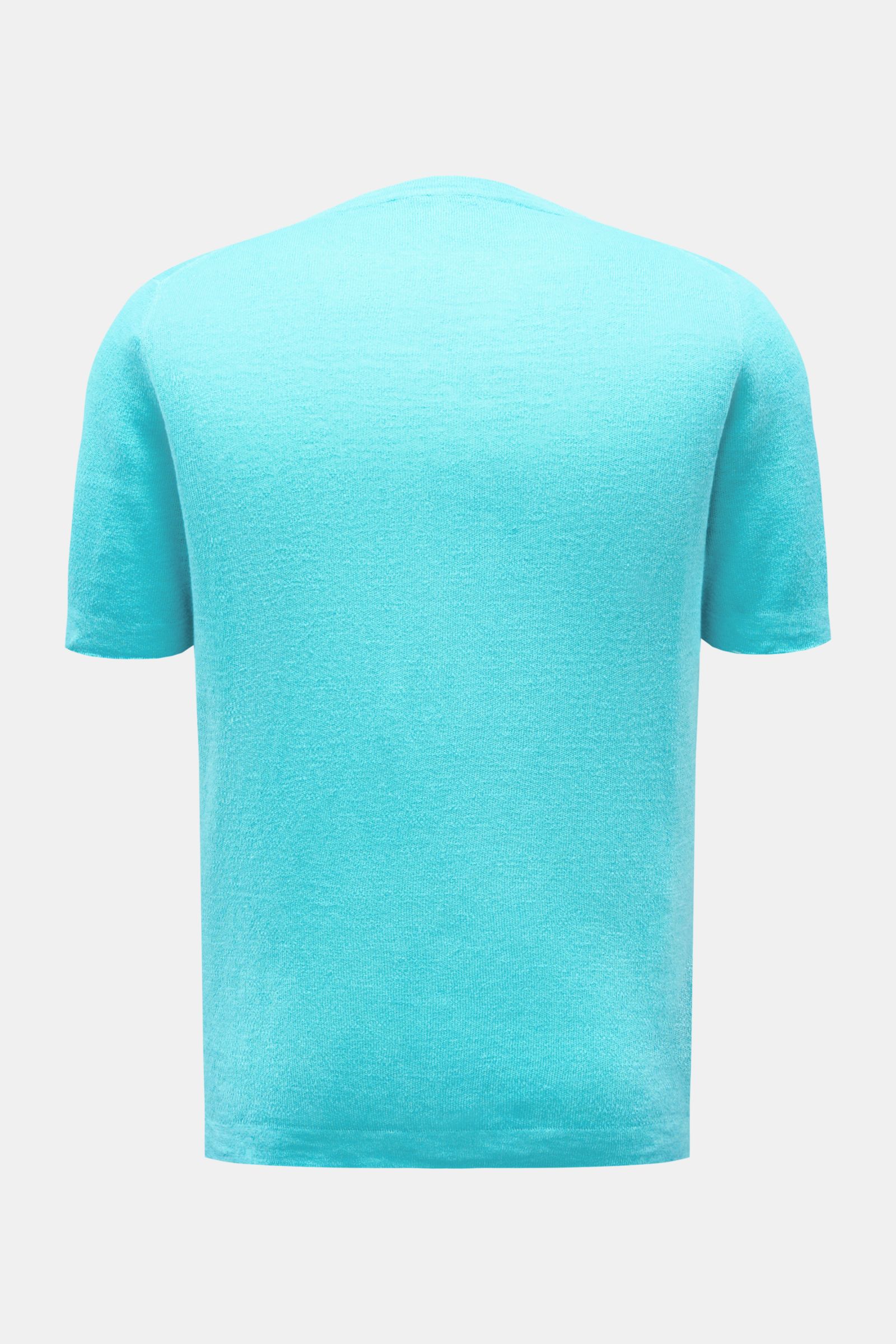 Rückansicht eines türkisfarbenen 04651/ A trip in a bag Polo, fotografiert aus gerader Perspektive vor neutralem Hintergrund.