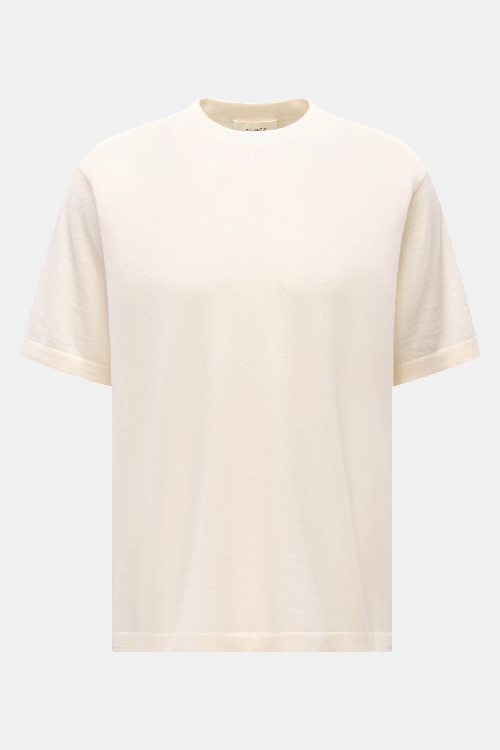 Lisa Yang Cashmere Kurzarm-Pullover 'Ancell' creme, frontale Ansicht, weicher Griff, feines Strickbild, Regular Fit, Rundhalsausschnitt.