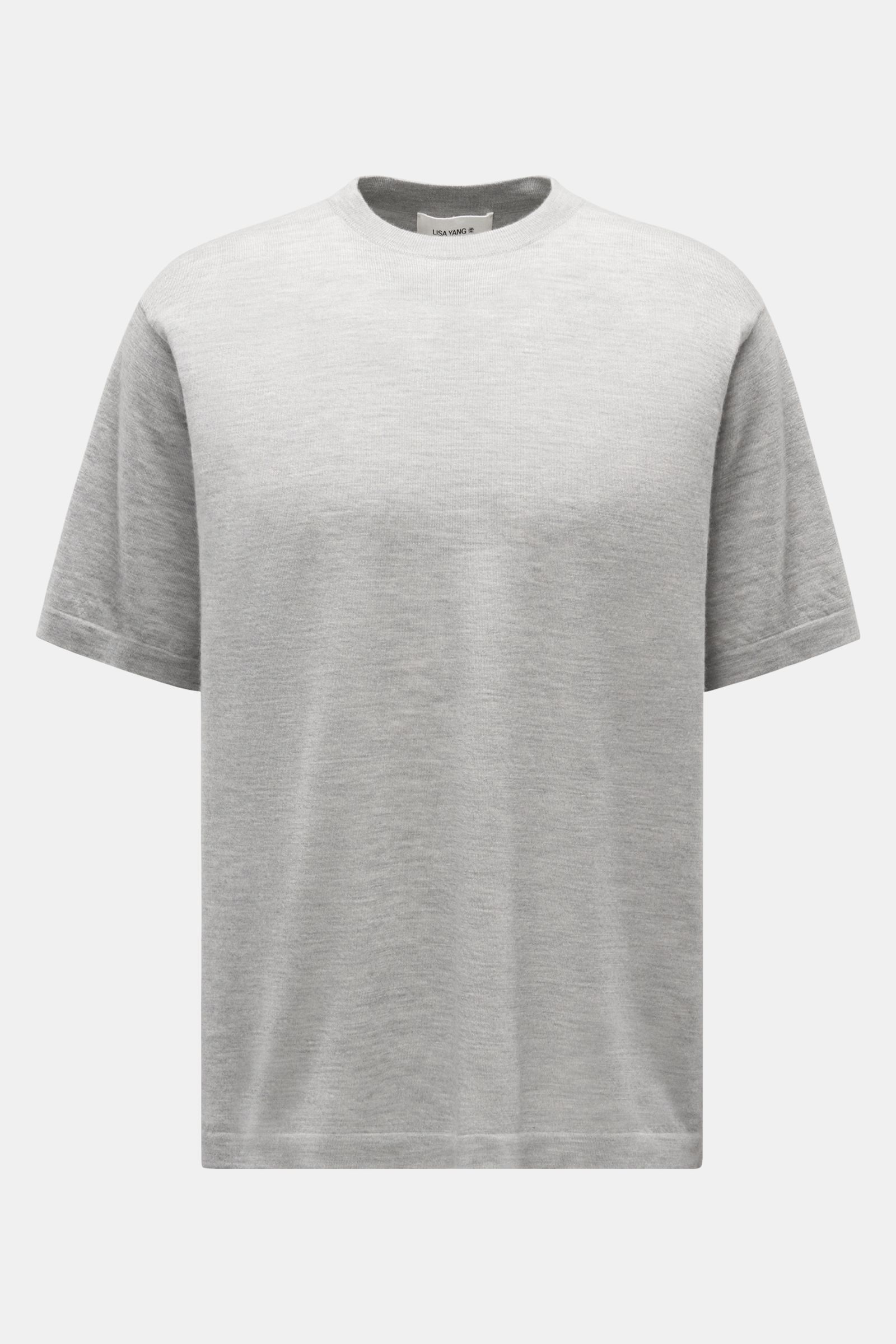 Lisa Yang Cashmere Kurzarm-Pullover 'Ancell' grau meliert, feines Strickbild, Regular Fit, Rundhalsausschnitt, weicher Griff, Frontansicht.