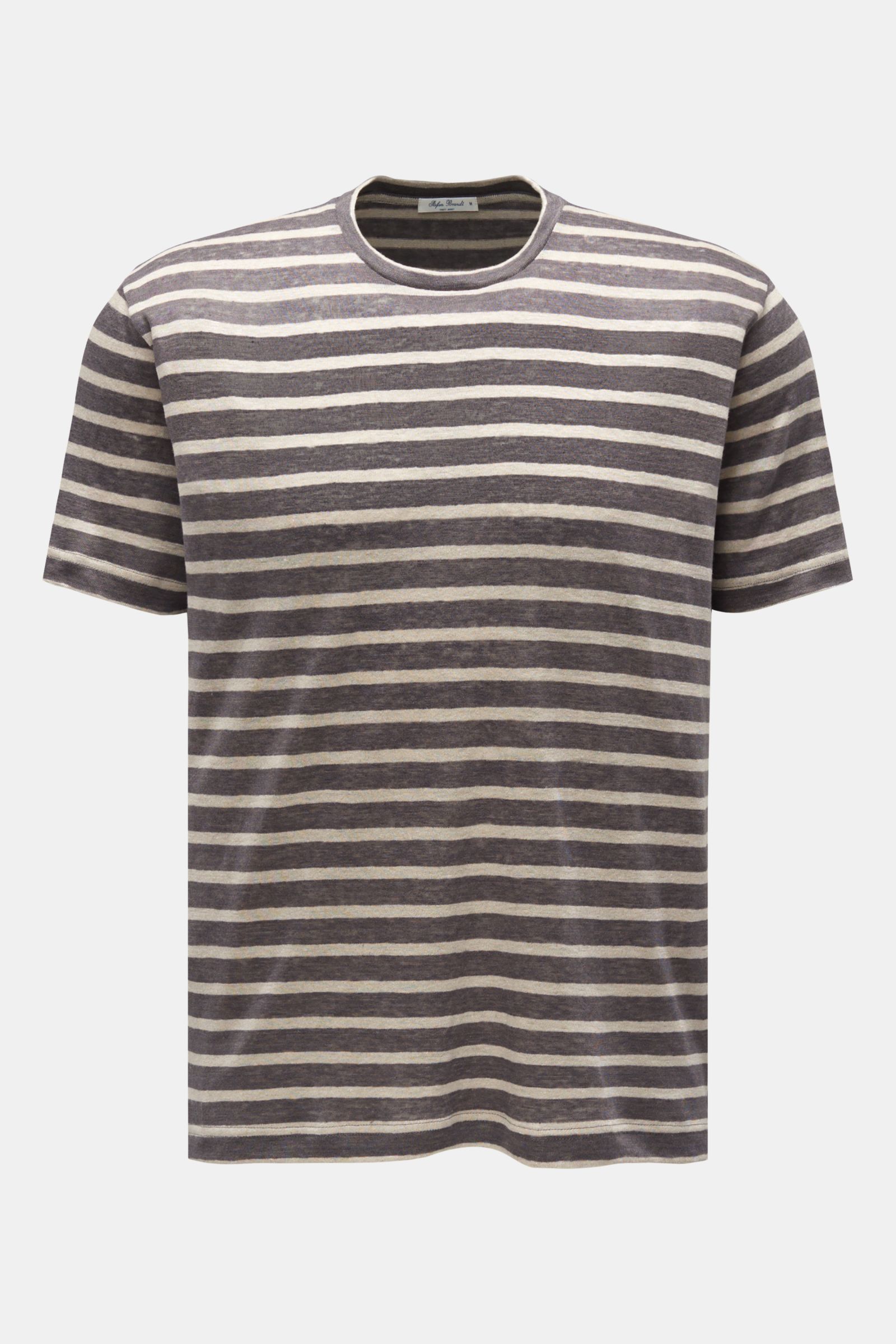 Stefan Brandt Leinen Rundhals-T-Shirt 'Enno' dunkelgrau/sand gestreift