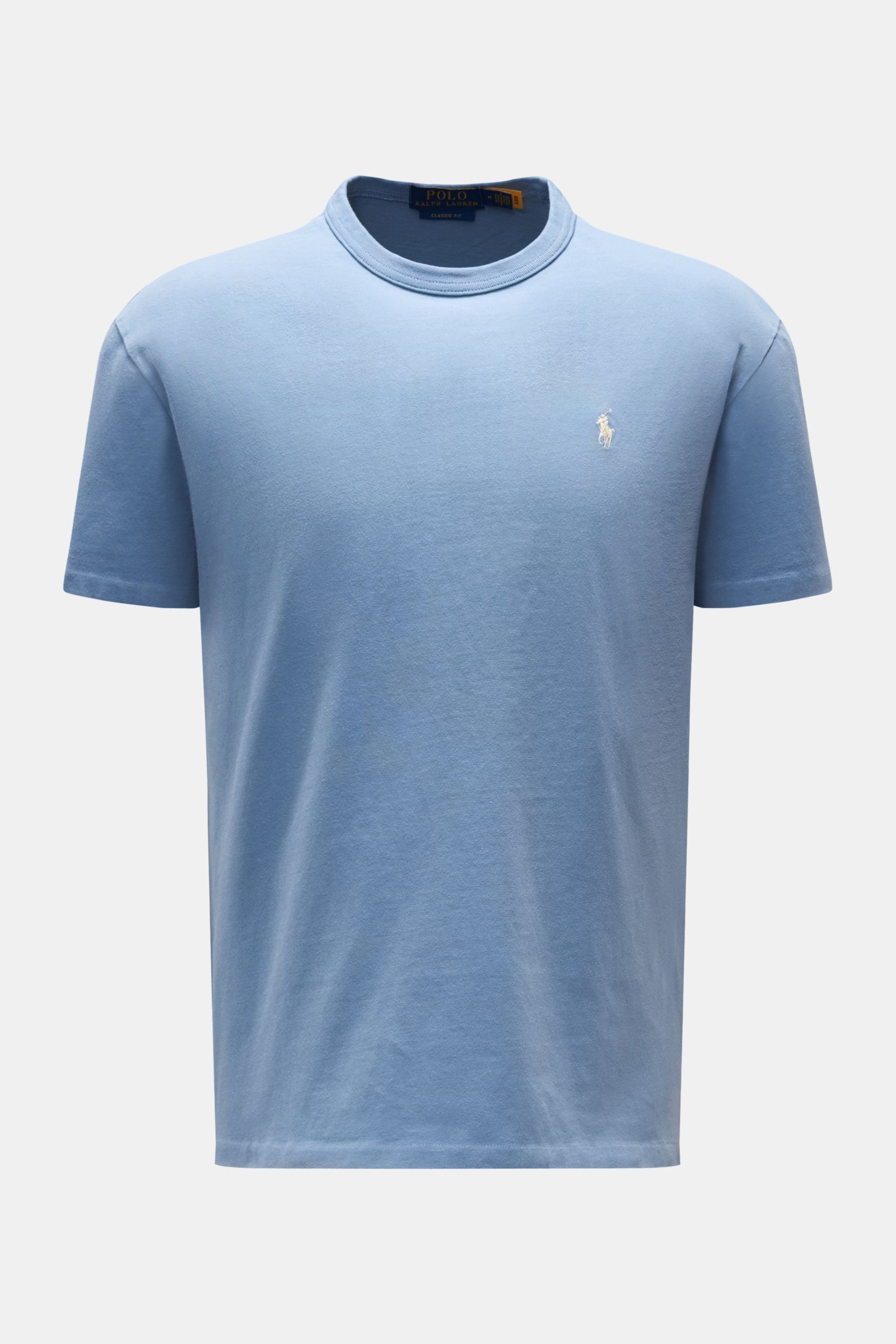 Polo Ralph Lauren Rundhals-T-Shirt rauchblau, frontal fotografiert, Jersey aus reiner Baumwolle, weiche Qualität, Regular Fit, Rundhalsausschnitt, Logo-Stitching Brust.