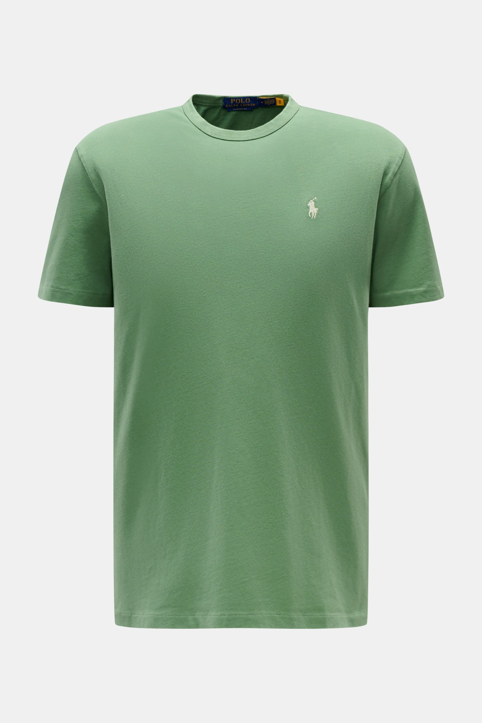 Front view of Polo Ralph Lauren Rundhals-T-Shirt grün, jersey aus reiner Baumwolle, weiche Qualität, Regular Fit, Rundhalsausschnitt, labeltypisches Logo-Stitching auf der Brust.