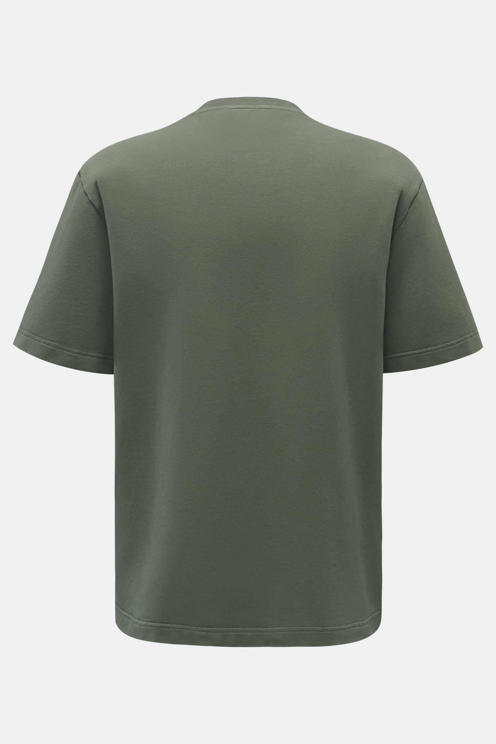 04651/ A trip in a bag Rundhals-T-Shirt 'If Tee' graugrün, hinten fotografiert, Oversized Fit, elastische Baumwolle, Weblabel seitlich.