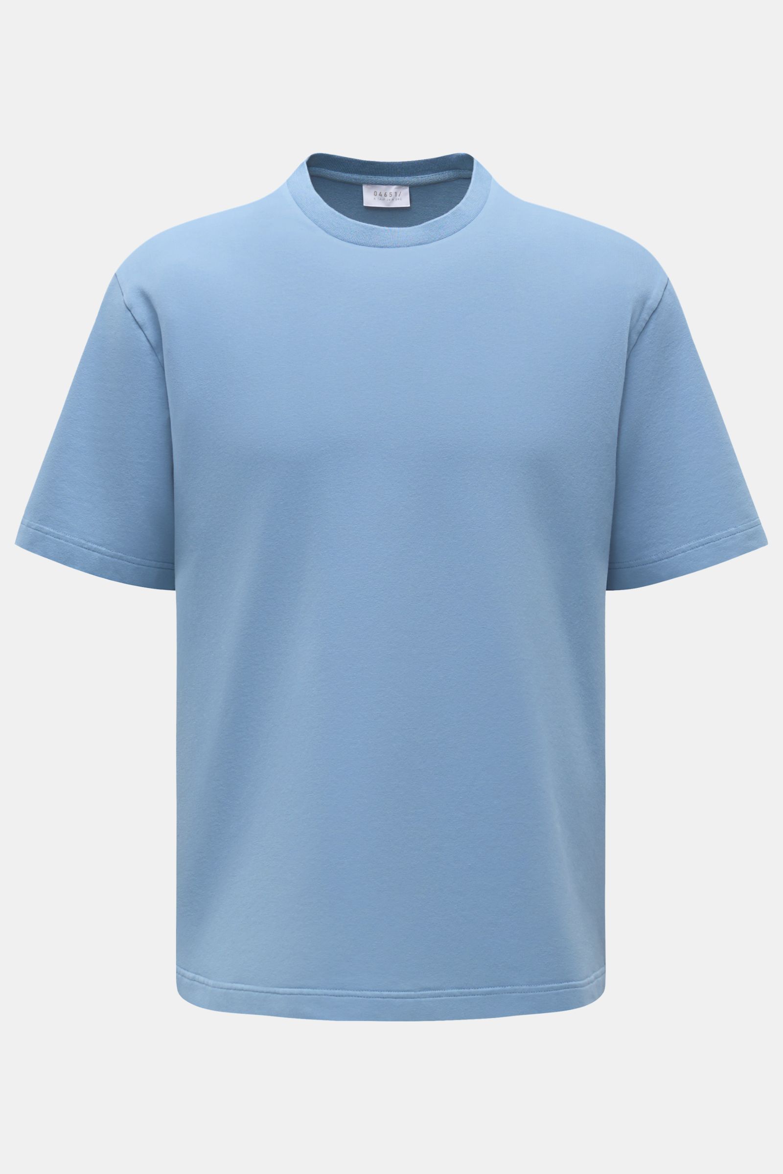 Front view of 04651/ A trip in a bag Crew neck T-shirt 'If Tee' smoky blue, an oversized cotton jersey tee with crew neck, soft feel, heavy fabric, and woven label in side seam. The uncomplicated cotton T-shirt 'IF Tee' by 04651/ A TRIP IN A BAG is a core