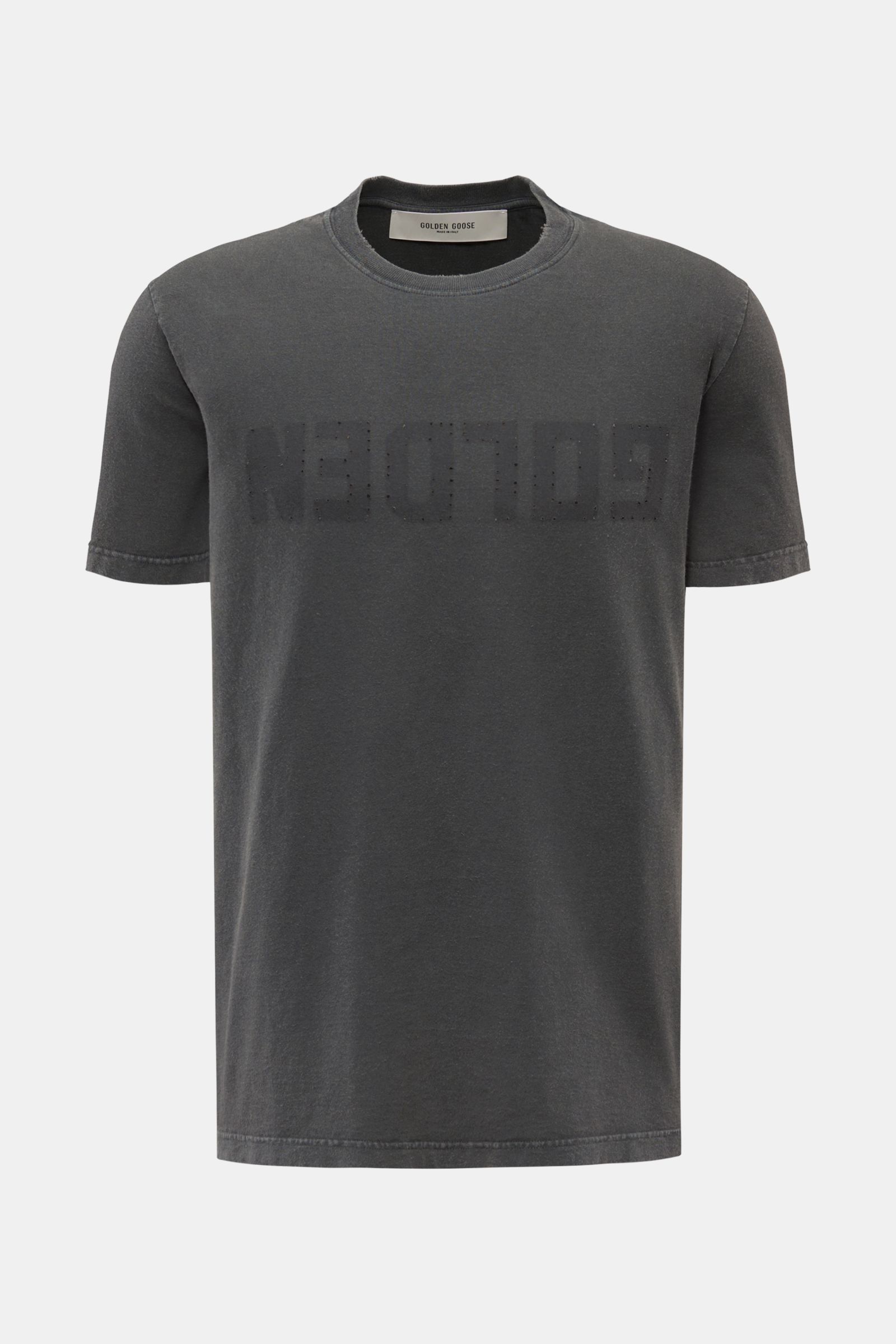 Golden Goose Rundhals-T-Shirt dunkelgrau aus weichem Baumwoll-Jersey mit tonalem Logo, modernen Distressed-Details, frontaler Ansicht.