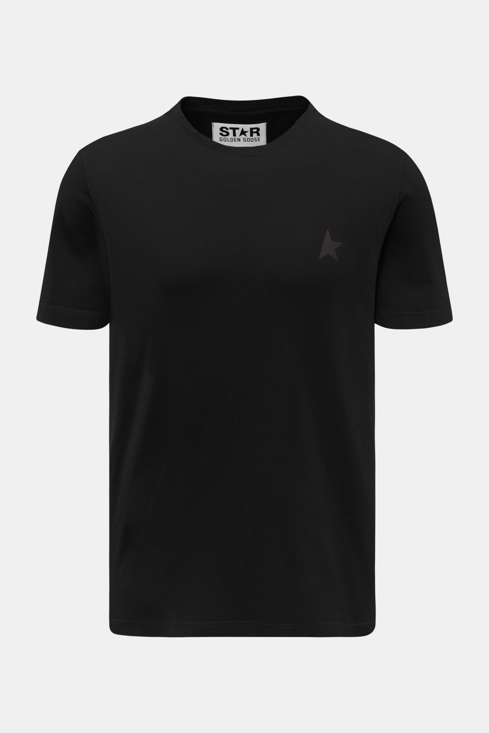 Front view of Golden Goose Crew neck T-shirt black in pure cotton jersey with subtle star logo print, crew neck, and regular fit.

This T-shirt by GOLDEN GOOSE is exclusively Italian made and features the signature star logo on it’s cotton jersey fabri