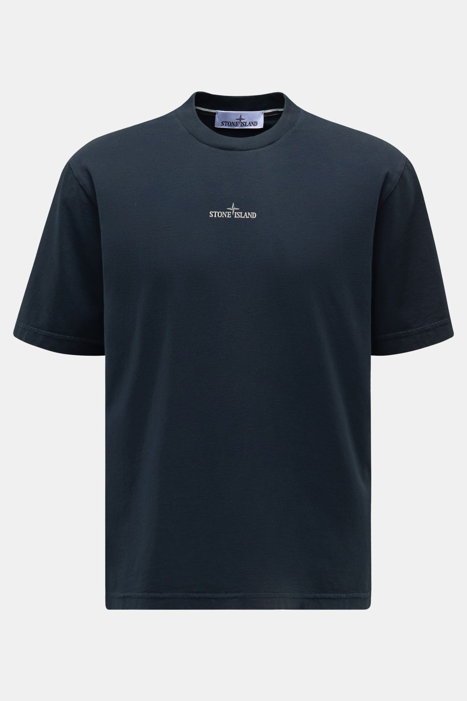 Stone Island Rundhals-T-Shirt 'Industrial Print' dark navy, frontale Ansicht, Jersey aus Baumwolle, regular fit, STONE ISLAND-Logo und Kompass-Print auf der Brust.