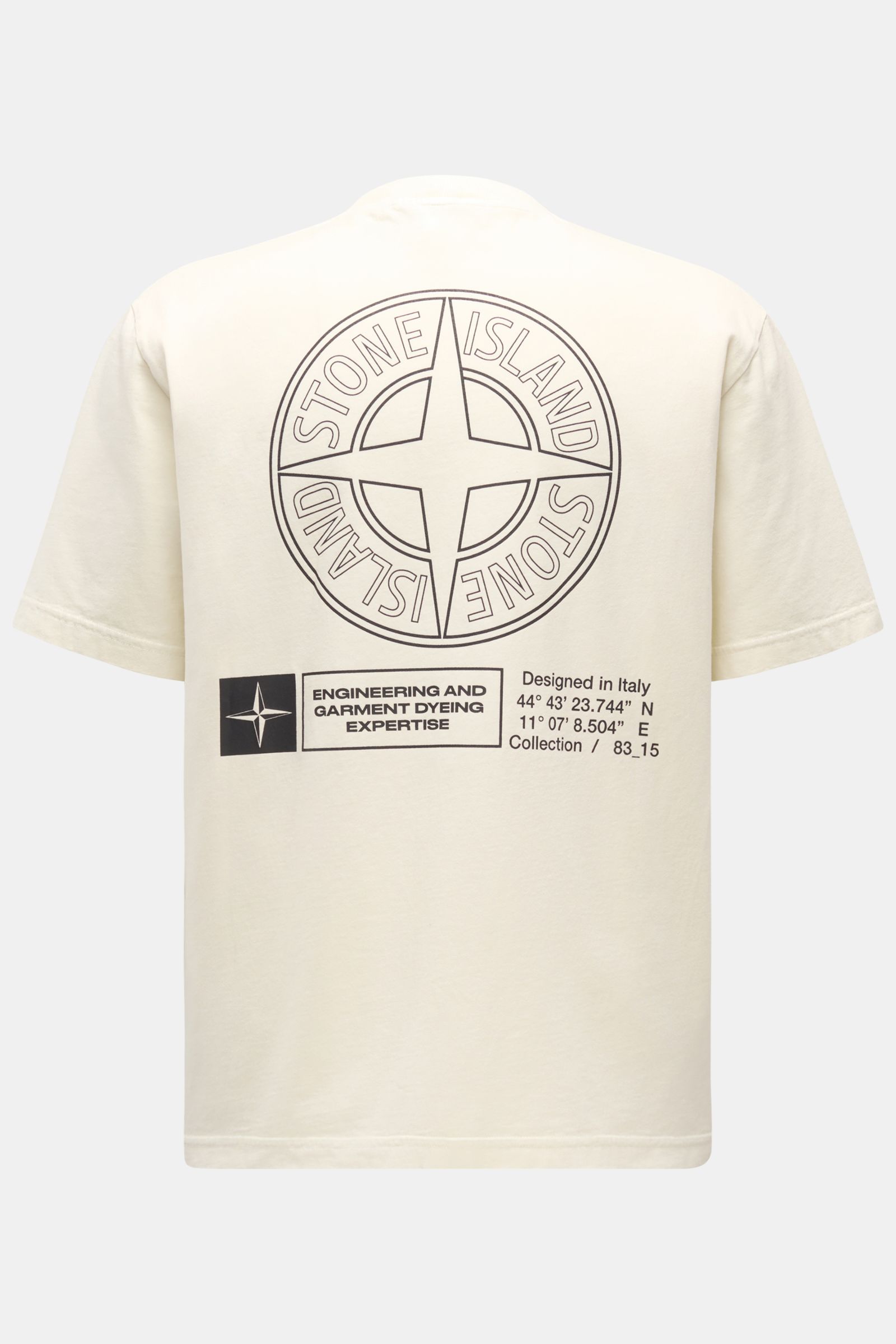 Stone Island Rundhals-T-Shirt 'Industrial Print' creme, hinten fotografiert, Garment-dyed-Baumwolle, großer Windrosen-Print, Regular Fit, Rundhalsausschnitt.