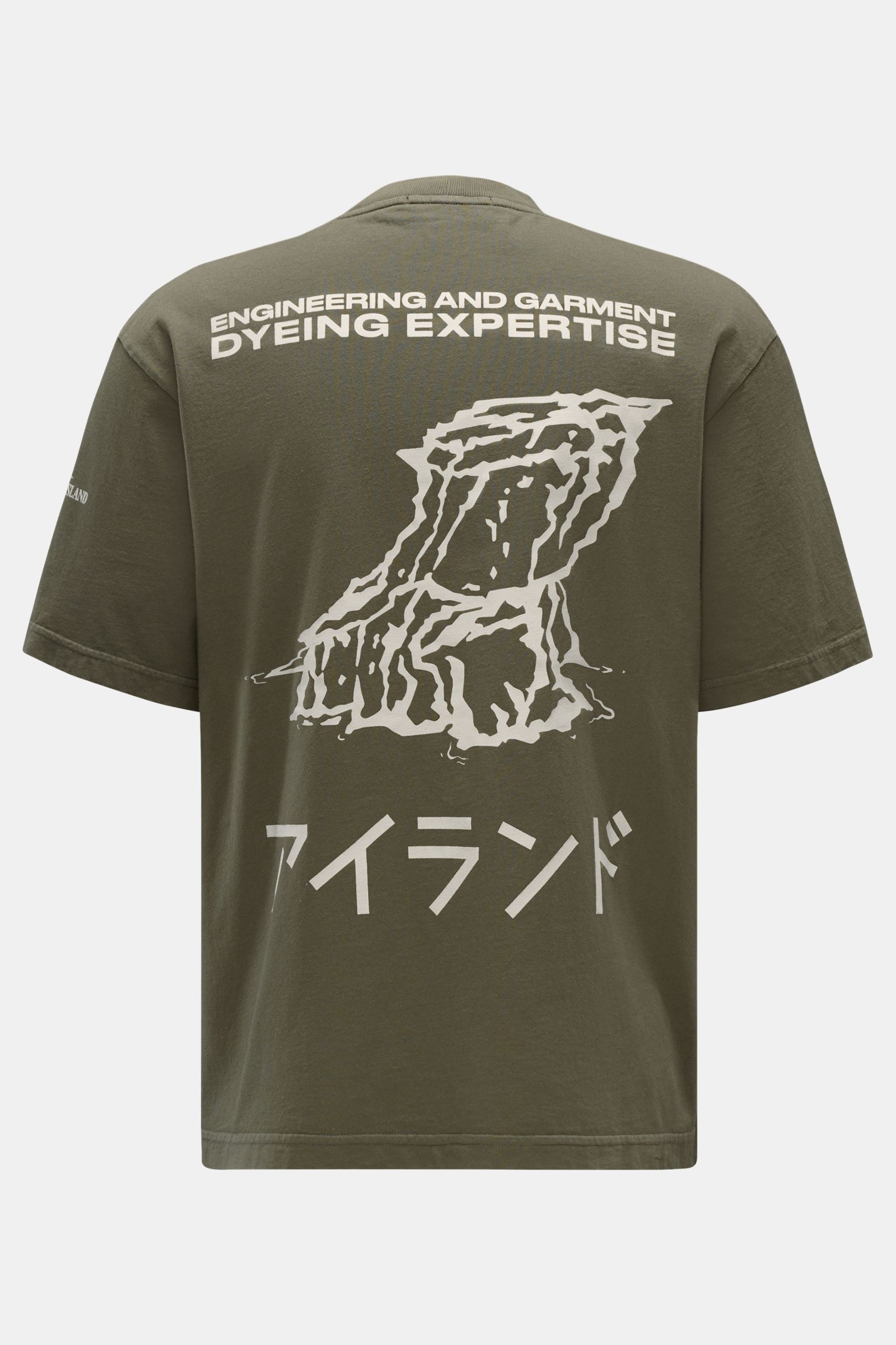 Stone Island Rundhals-T-Shirt oliv shown from the back, jersey aus reiner Baumwolle, schwere Qualität, leicht griffige Haptik, garment dyed, Regular Fit, Rundhalsausschnitt, print auf der Front, plakativer Print auf der Rückseite.