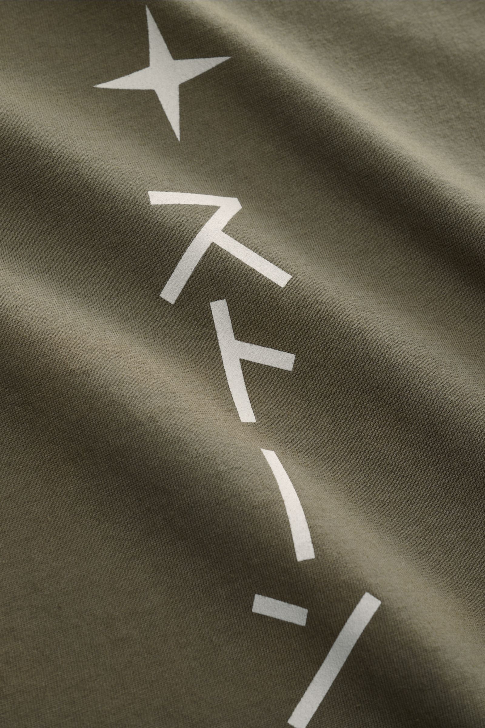 Close-up front view of the Stone Island Rundhals-T-Shirt oliv, showing white print on olive green fabric. Jersey aus reiner Baumwolle, schwere Qualität, leicht griffige Haptik, garment dyed, Regular Fit, Rundhalsausschnitt, Print auf der Front, plakativer