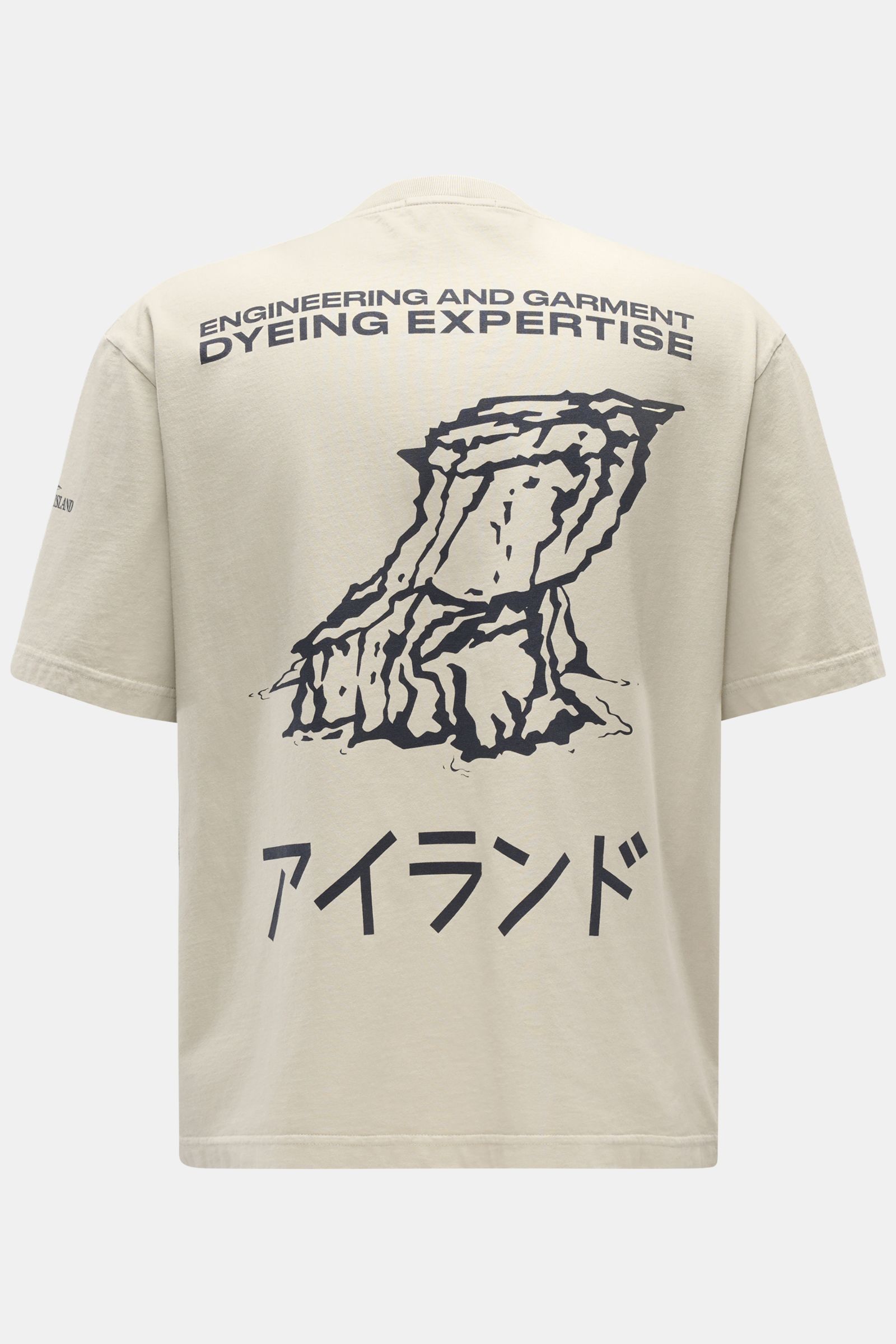 Stone Island Rundhals-T-Shirt sand shown from the back, jersey aus reiner Baumwolle, schwere Qualität, leicht griffige Haptik, garment dyed, Regular Fit, Rundhalsausschnitt, print auf der Front, plakativer Print auf der Rückseite.