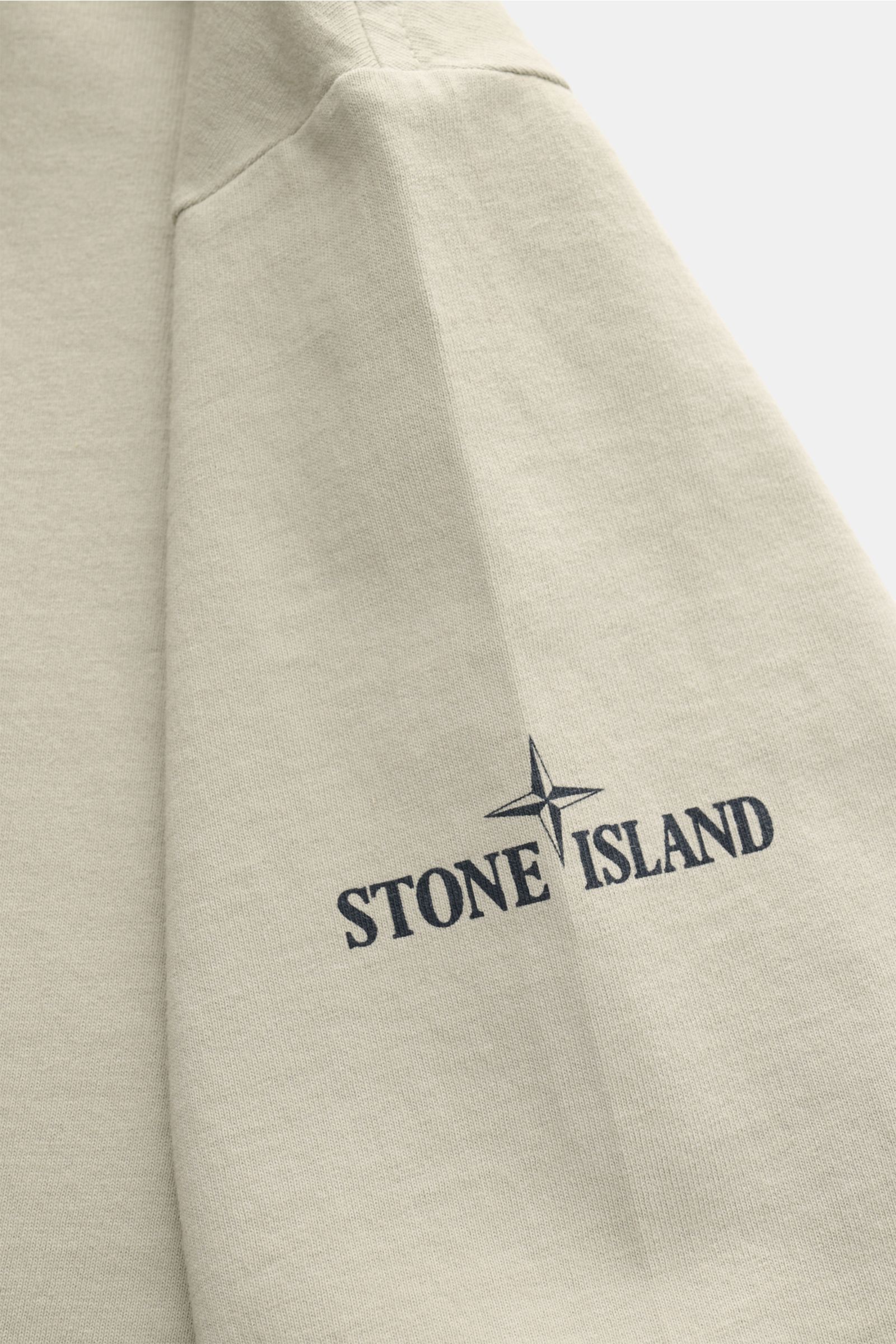 Stone Island Rundhals-T-Shirt sand shown from close-up side view, jersey aus reiner Baumwolle, schwere Qualität, leicht griffige Haptik, garment dyed, Regular Fit, Rundhalsausschnitt, print auf der Front, plakativer Print auf der Rückseite.