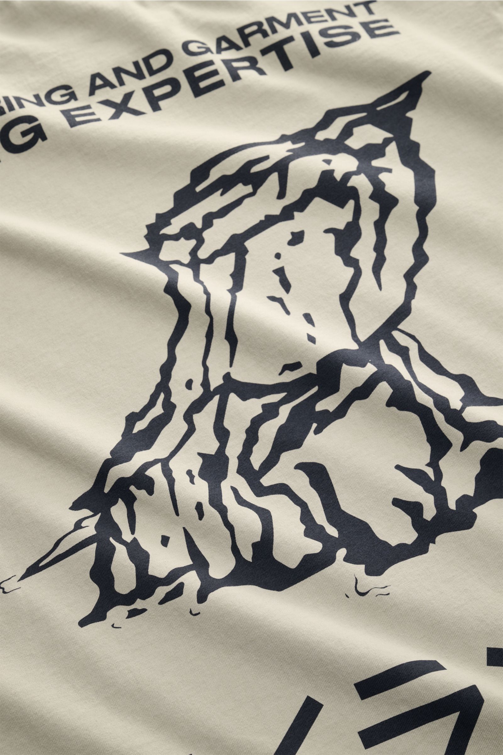 Close-up photo from above of the front print on the Stone Island Rundhals-T-Shirt sand in beige, showing black graphic and text details. Jersey aus reiner Baumwolle, schwere Qualität, leicht griffige Haptik, garment dyed, Regular Fit, Rundhalsausschnitt, 