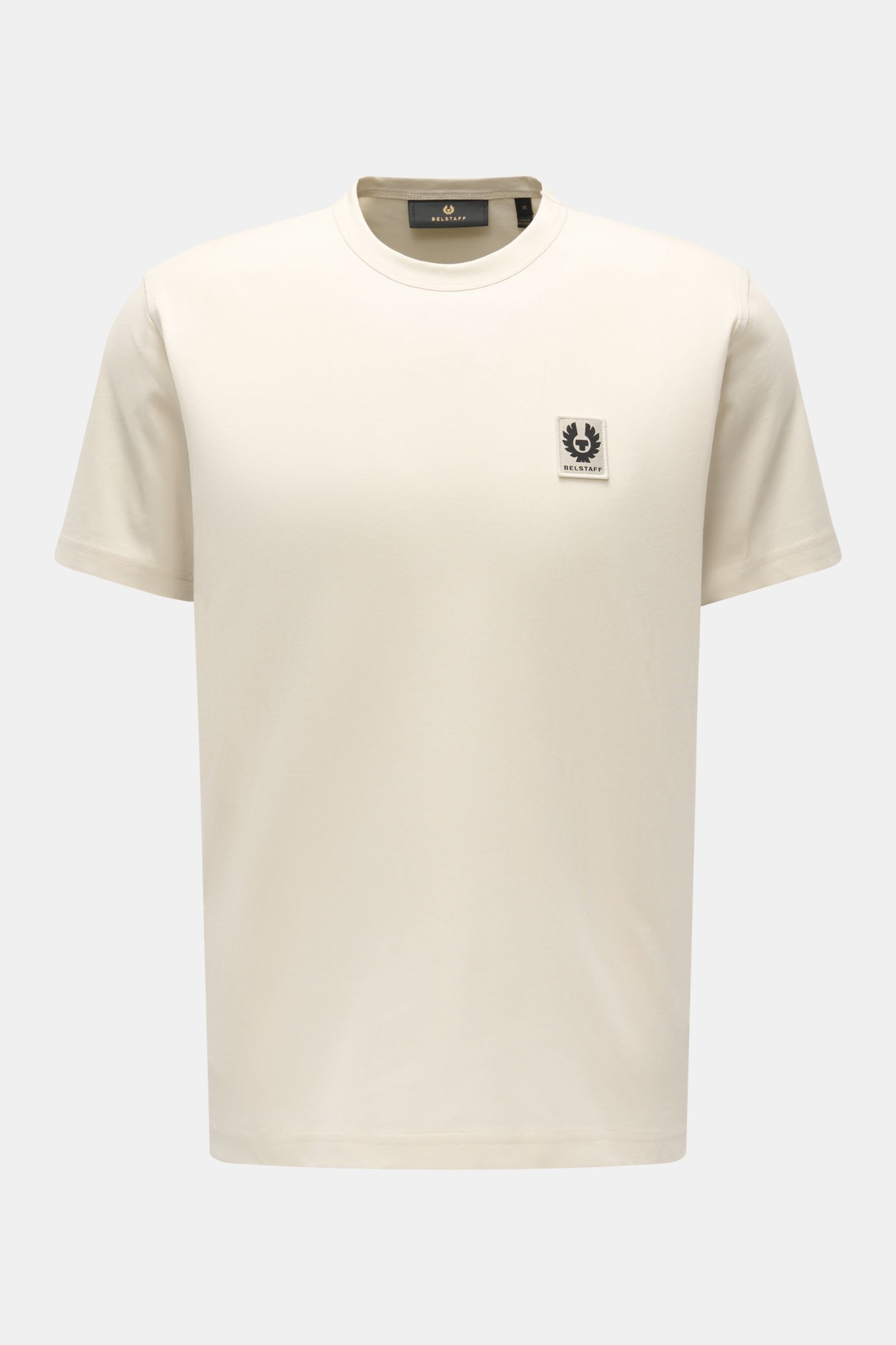 Belstaff Rundhals-T-Shirt creme, Slim Fit, aus weichem Baumwoll-Jersey mit tonalem Weblabel, frontal fotografiert, lässig und leicht.