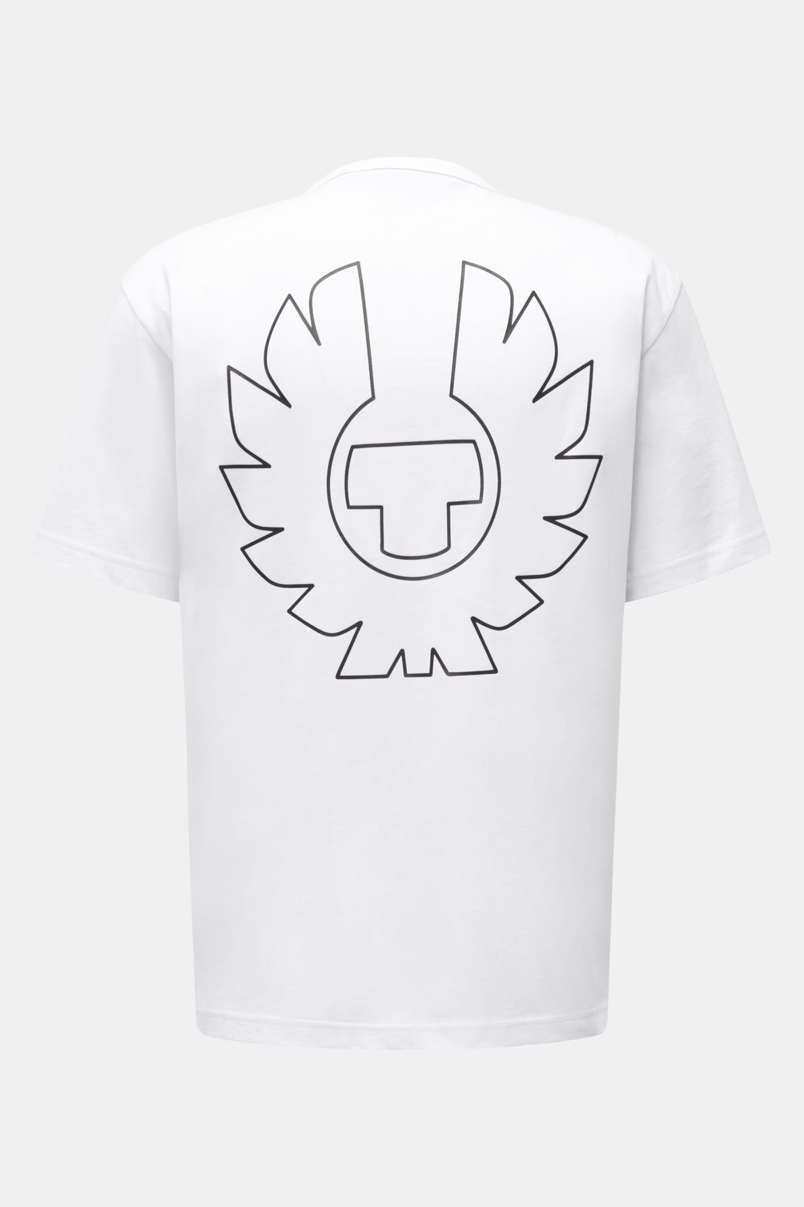Back view of Belstaff Rundhals-T-Shirt 'Border' weiß, a white regular fit cotton jersey T-shirt with a round neckline and large black outline phoenix logo print on the back.

Das Rundhals-T-Shirt 'Border' von BELSTAFF zeigt sich im Regular Fit mit mark