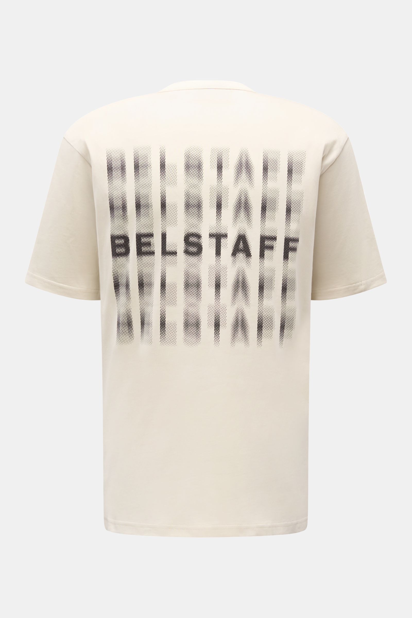 Back view of the Belstaff Rundhals-T-Shirt 'Shadow' beige, a versatile basic made from soft pure cotton jersey with a regular fit, featuring a bold BELSTAFF print on the back. Das 'Shadow' T-Shirt von BELSTAFF ist ein vielseitiges Basic mit sportivem C