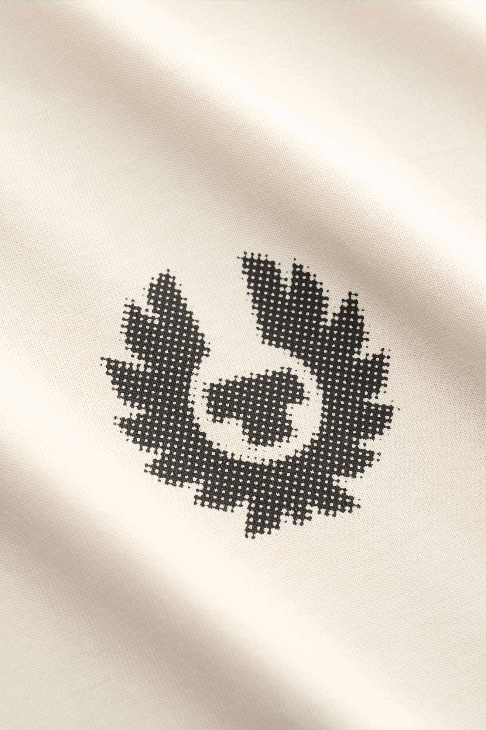Close-up front view of beige Belstaff Rundhals-T-Shirt 'Shadow' showing black Phoenix logo printed on soft cotton jersey fabric.  

Description: Das 'Shadow' T-Shirt von BELSTAFF ist ein vielseitiges Basic mit sportivem Charakter. Gefertigt aus weichem