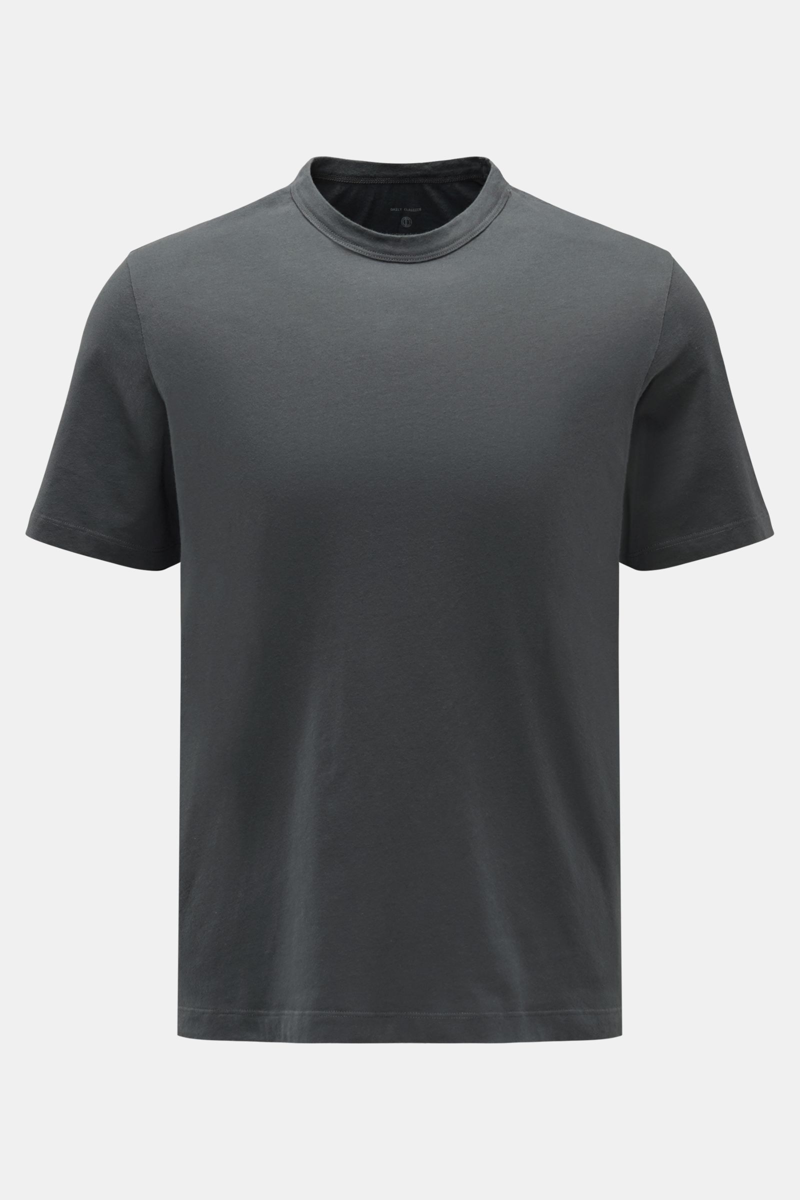 Frontale Nahaufnahme des Officine Générale Rundhals-T-Shirts 'Cneck Tee' dunkelgrau aus reiner Bio-Baumwolle, Slim Fit, sehr weicher Griff, Rundhalsausschnitt.