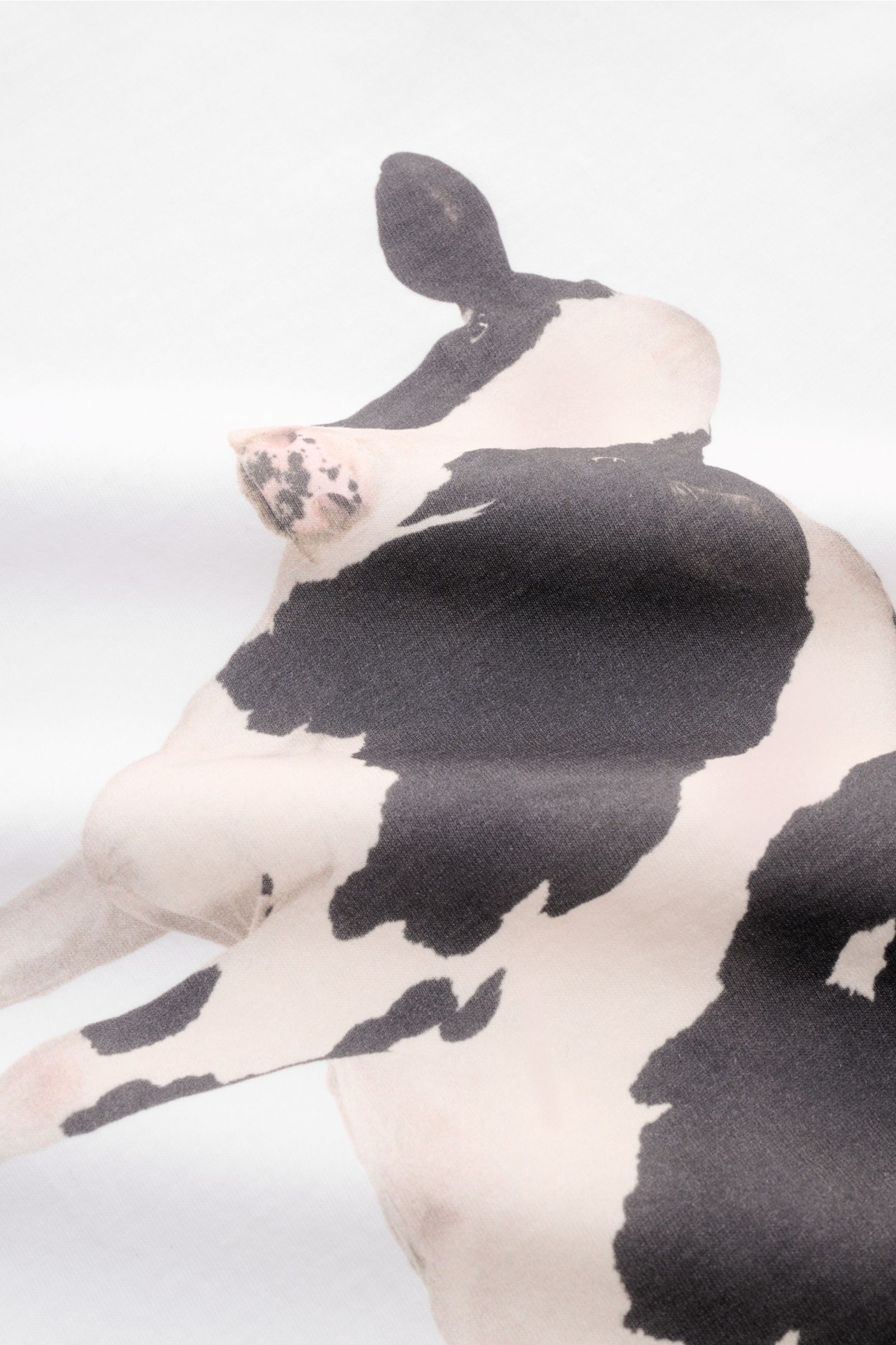 Close-up front view of Barbour Rundhals-T-Shirt weiß featuring a bold black and white cow print on soft, pure cotton fabric.

Description: Cooler Hingucker von BARBOUR aus der PAUL SMITH Kooperation: Dieses T-Shirt mit plakativem Kuh-Print lässt sich p