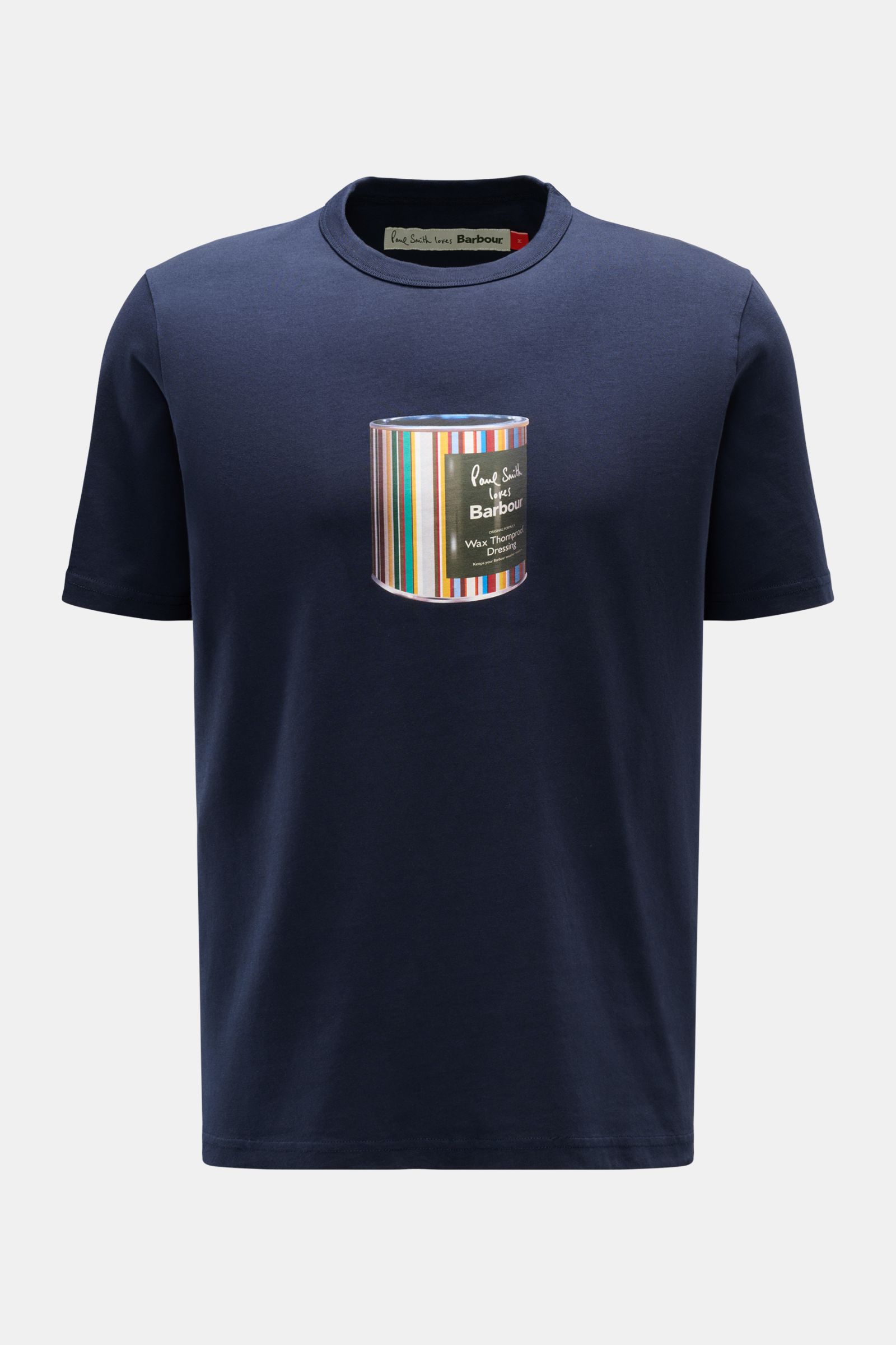 Barbour Rundhals-T-Shirt navy, frontale Ansicht, reine Baumwolle, weiche Qualität, Regular Fit, Print mit ikonischem Jacken-Wax, Weblabel hinten.
