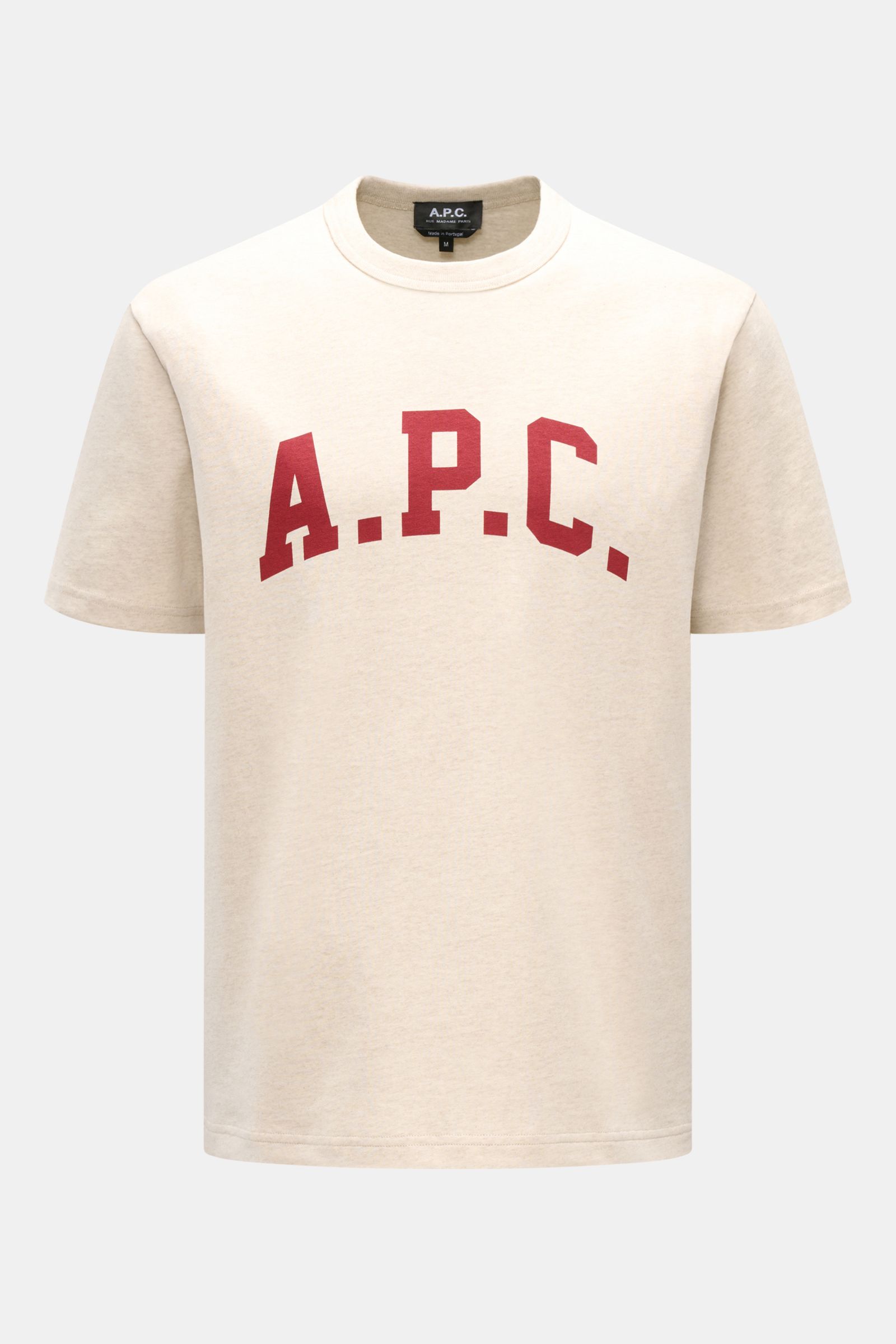 A.P.C. Rundhals-T-Shirt 'Marcus' sand meliert, frontal fotografiert, schwerer Jersey aus reiner Baumwolle, Slim Fit, roter College-Print auf der Brust.