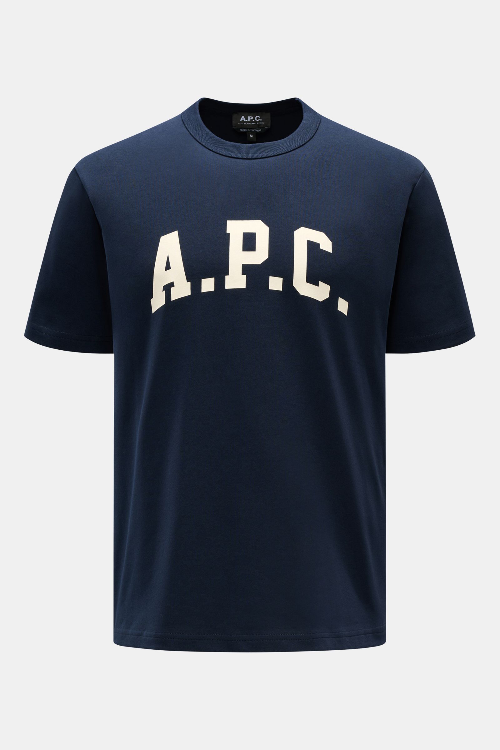 A.P.C. Rundhals-T-Shirt 'Marcus' navy, frontal fotografiert, aus schwerem Baumwoll-Jersey, slim Fit, mit weißem A.P.C.-College-Print auf der Brust.