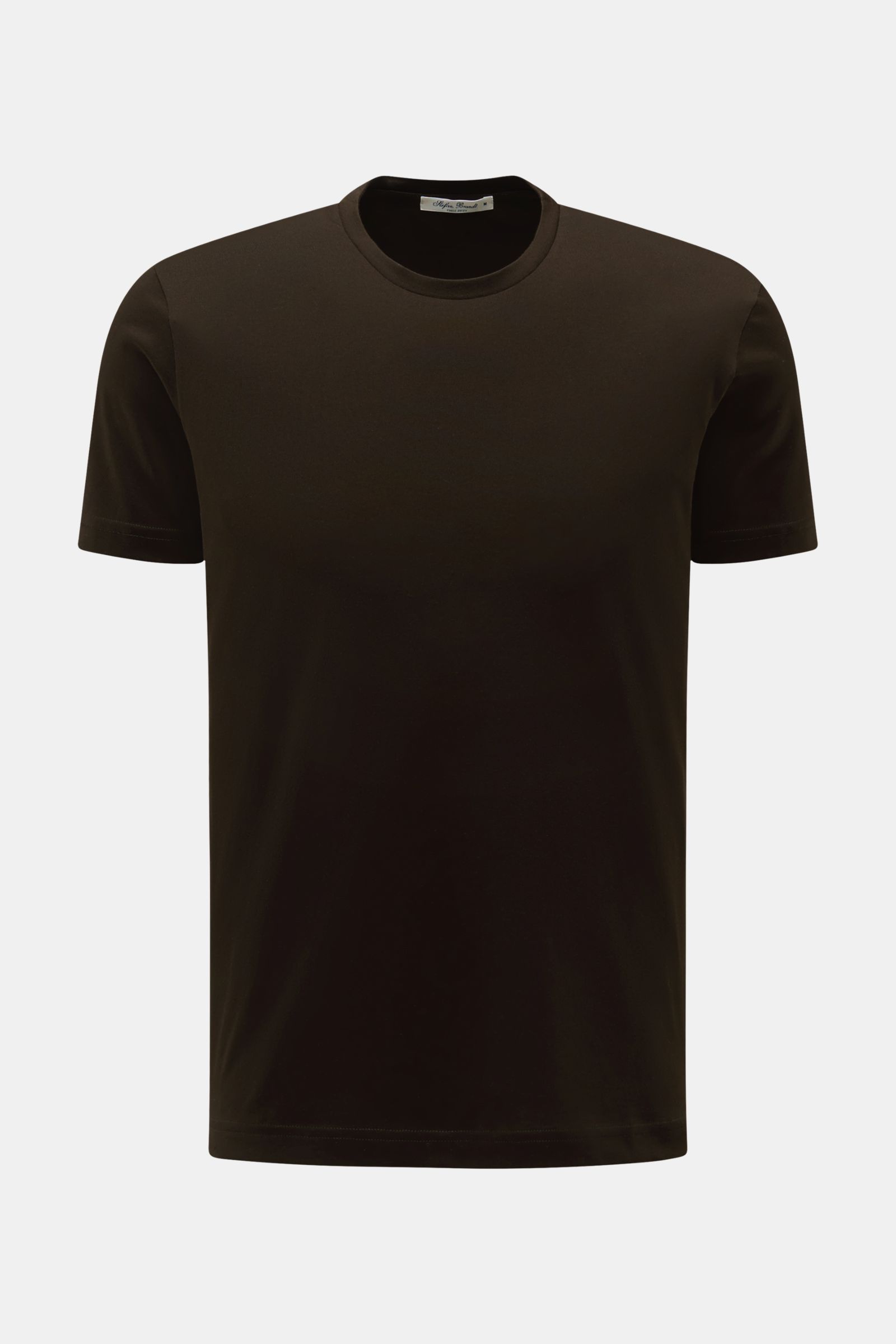 Stefan Brandt Rundhals-T-Shirt 'Enno' dunkelbraun, Slim Fit, aus feiner Jersey-Qualität, frontale Nahaufnahme, bio Pima-Baumwolle, weich, pflegeleicht.