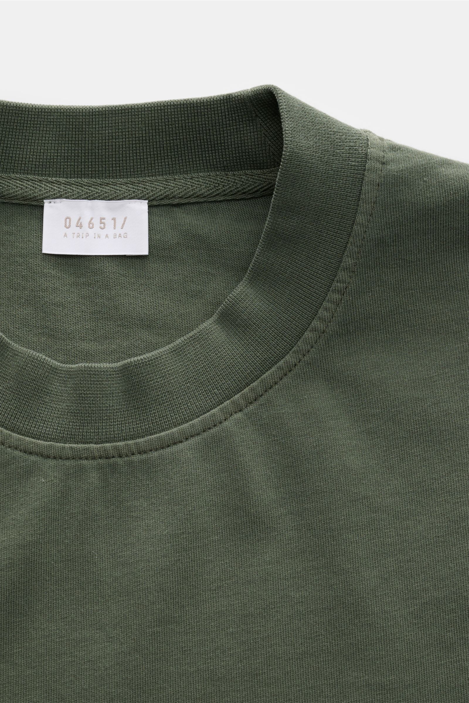 Close-up image of the neckline and upper chest area of the 04651/ A trip in a bag Rundhals-T-Shirt 'Nunu Tee' graugrün, photographed from above, showing its ribbed round neckline and soft gray-green pure cotton jersey fabric. Tauchen Sie ein in den rel