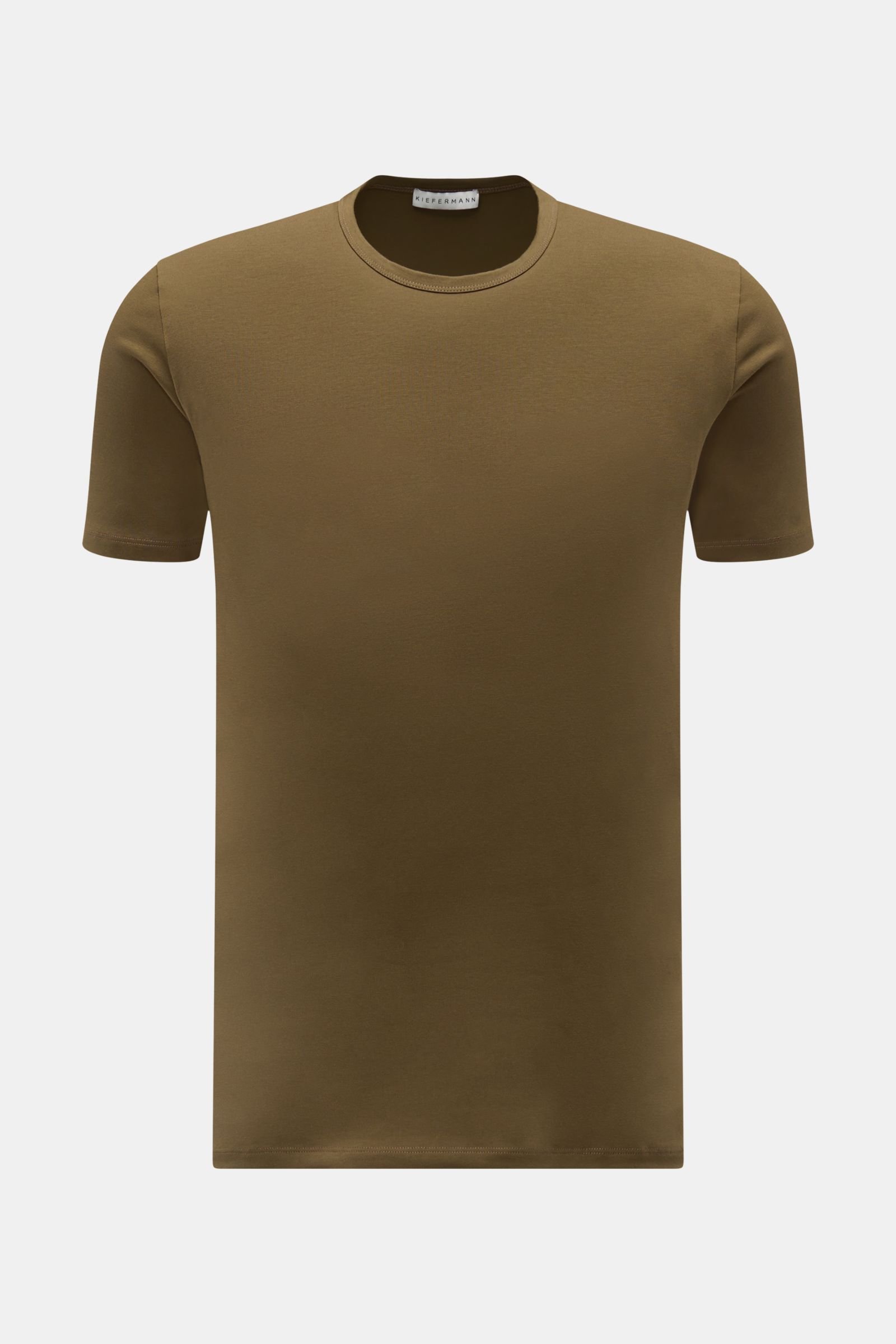 Kiefermann Rundhals-T-Shirt 'Lehon' oliv, frontal fotografiert, softes Baumwoll-Stretch, elastisch, weich, Slim Fit, Rundhalsausschnitt.