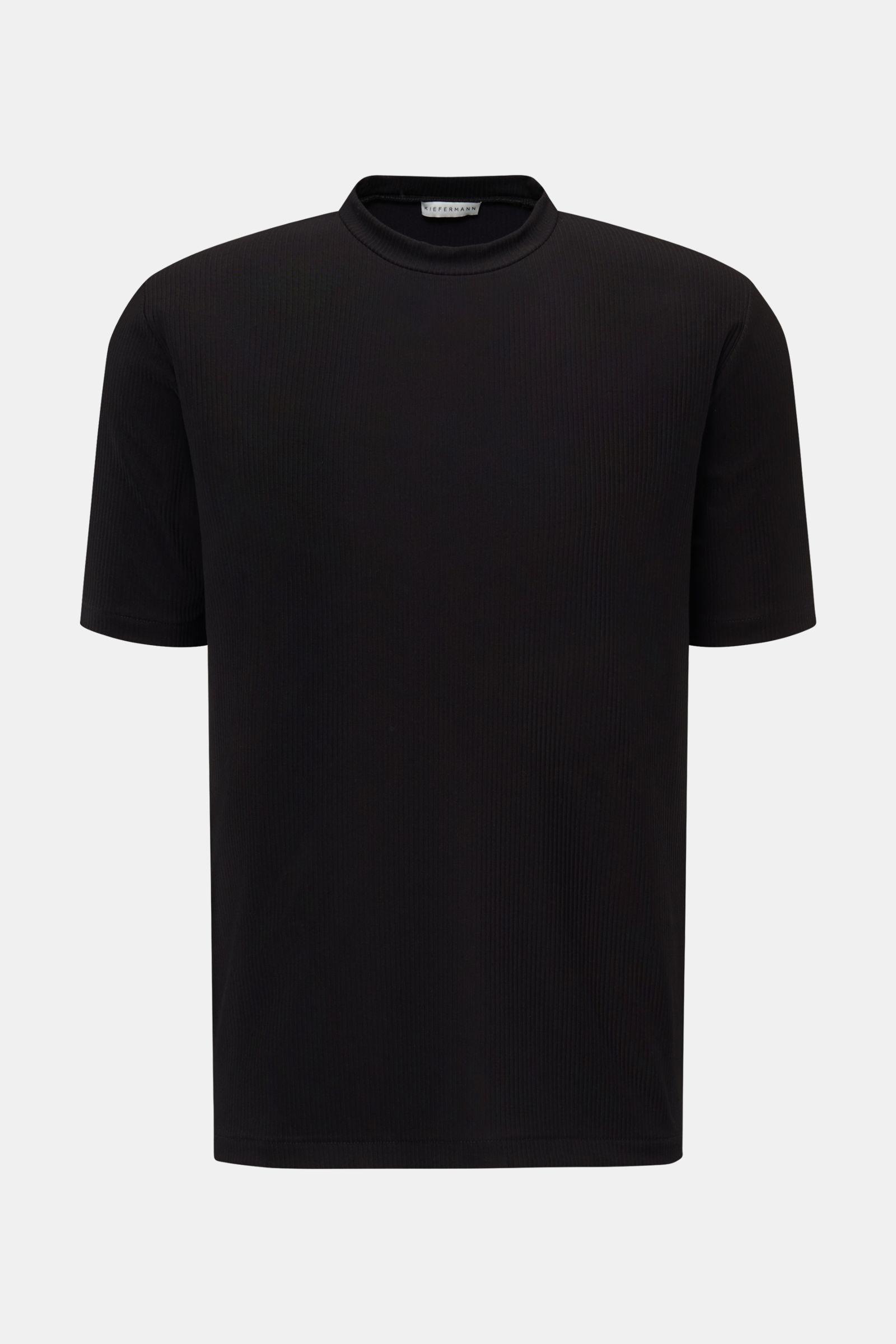 Front view of Kiefermann Crew neck T-shirt 'Wardeno' black with rib knit texture, regular fit, elasticated viscose-microfibre blend fabric.

Description: The 'Wardeno' T-shirt by KIEFERMANN is constructed entirely from a heavy, stretch viscose jersey i