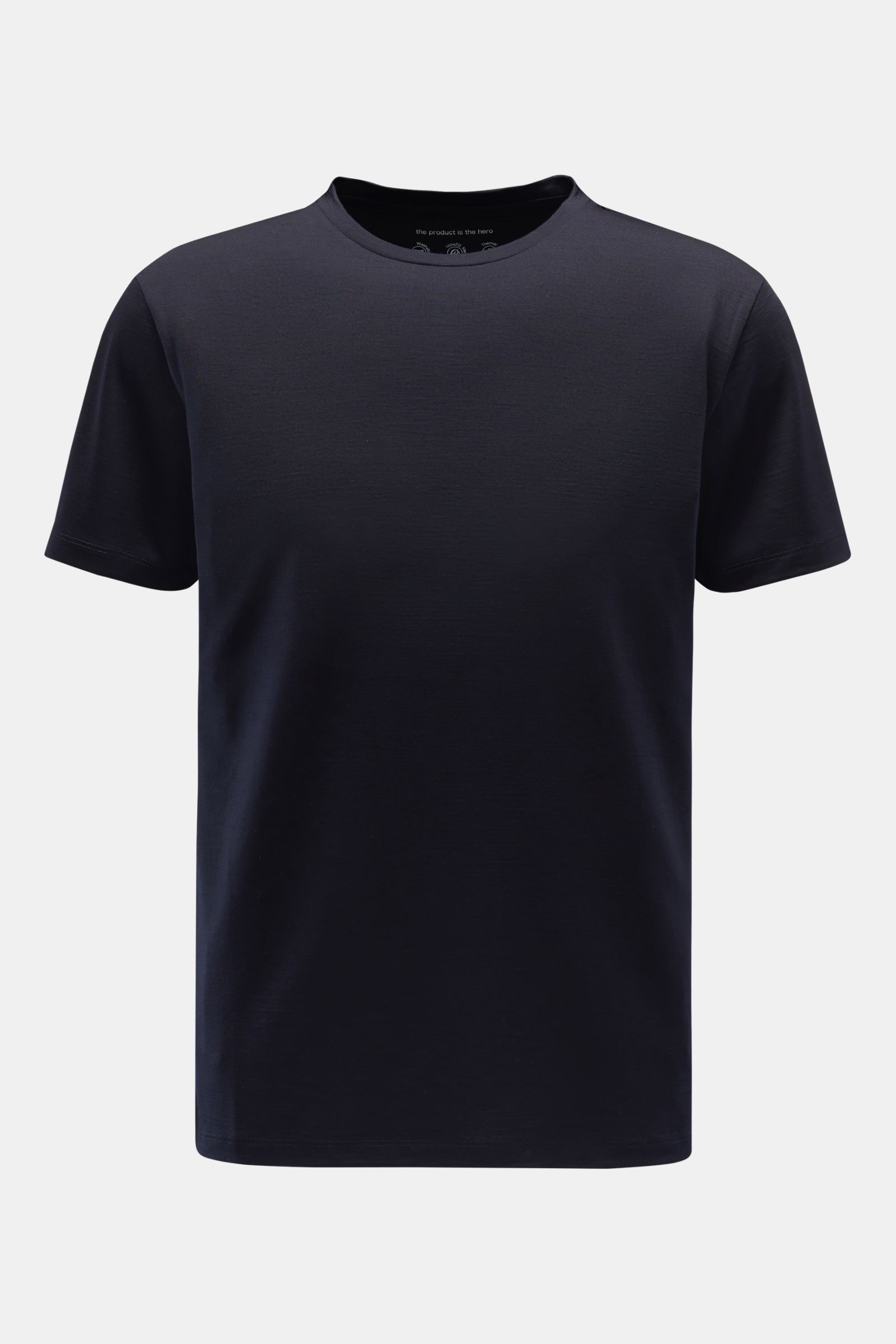 Front view of The Product is the Hero Merino T-Shirt 'Wool Tee' navy, a slim fit classic round neck tee in pure merino wool.

Description: THE PRODUCT IS THE HERO verleihen dem klassischen T-Shirt-Schnitt bei ihrem 'Wool Tee' mit einem Jersey aus reine