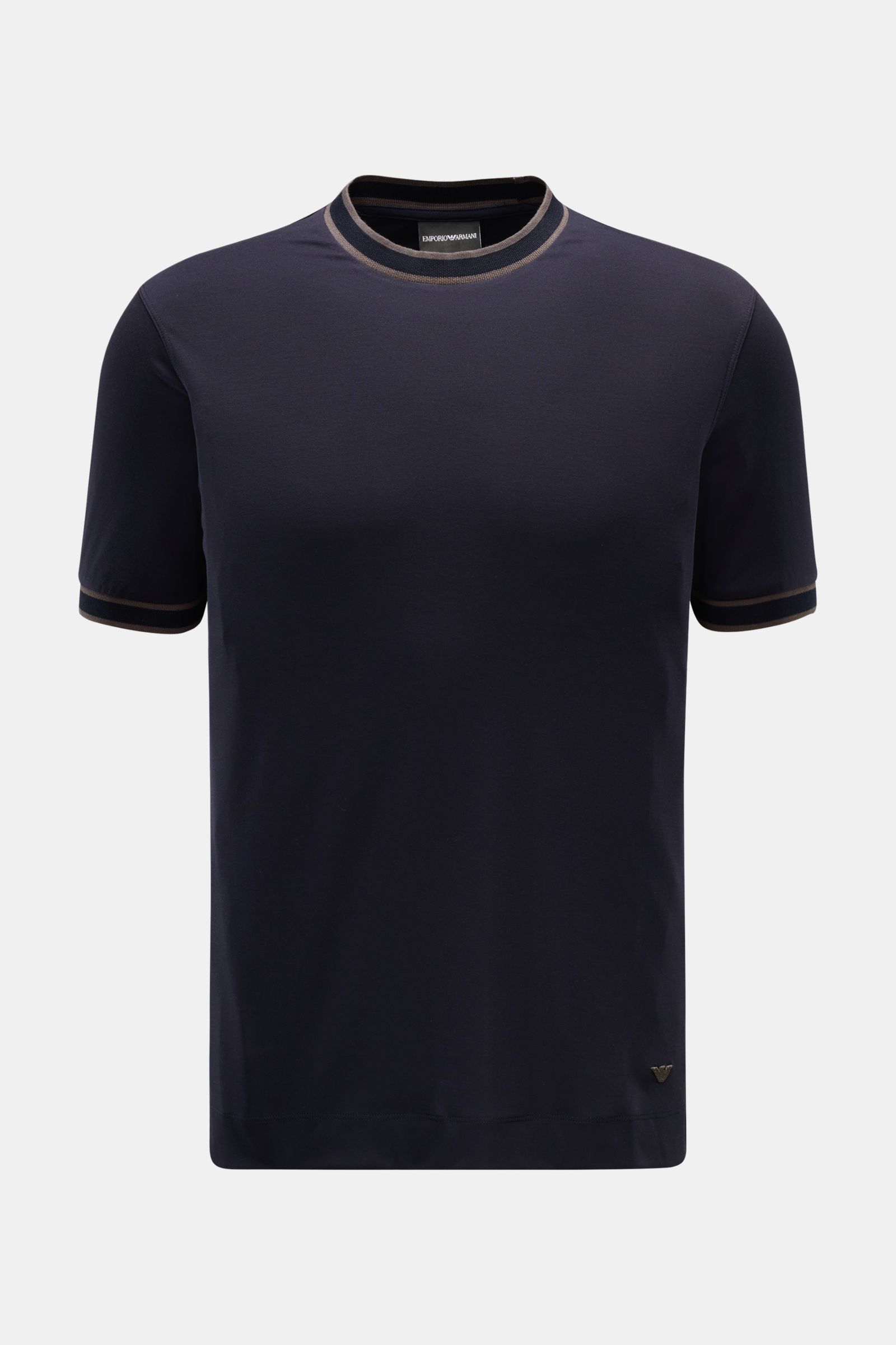 Emporio Armani T-Shirt navy/grau, frontale Ansicht, Regular Fit, weiches Material aus Modal, Seide, Microfaser, kontrastfarbene Bündchen am Rundhalsausschnitt und Ärmeln, Weblabel am Saum.