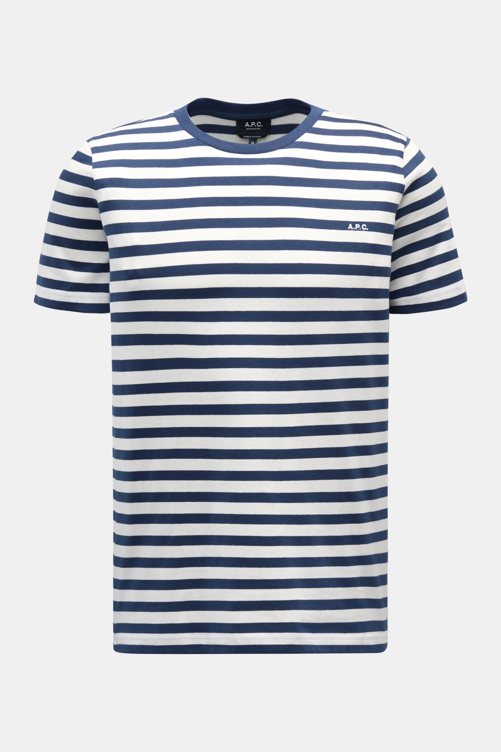 A front view of the A.P.C. Rundhals-T-Shirt navy/offwhite gestreift, a slim fit navy and off-white striped cotton jersey T-shirt with a round neckline and subtle chest logo embroidery. Maritimer Look vom französischen Label A.P.C.: Dieses T-Shirt mit Rund