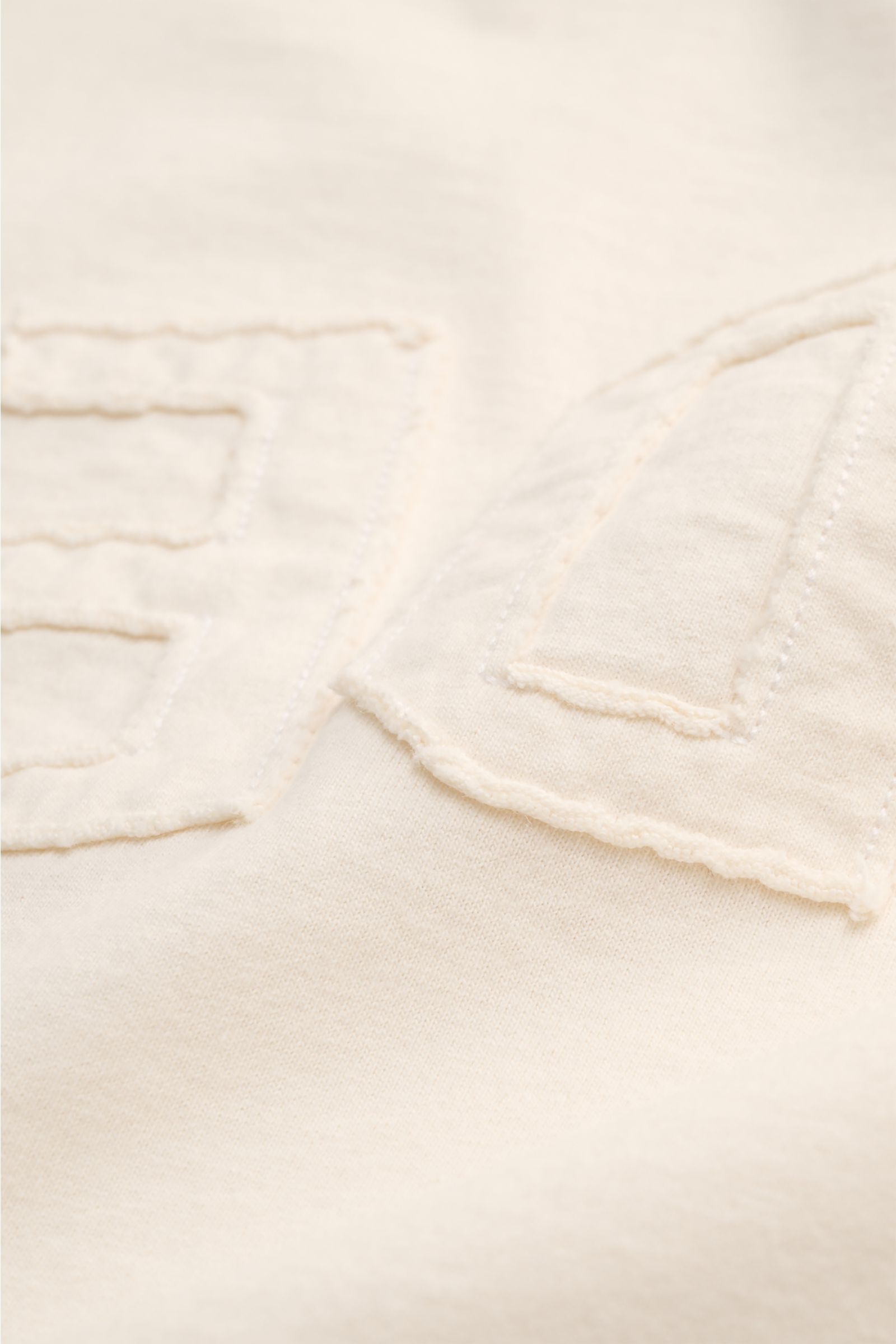 Golden Goose Rundhals-T-Shirt creme, Detailansicht der markanten Vintage-Lettering-Details, weicher Baumwoll-Jersey, nahaufnahme.