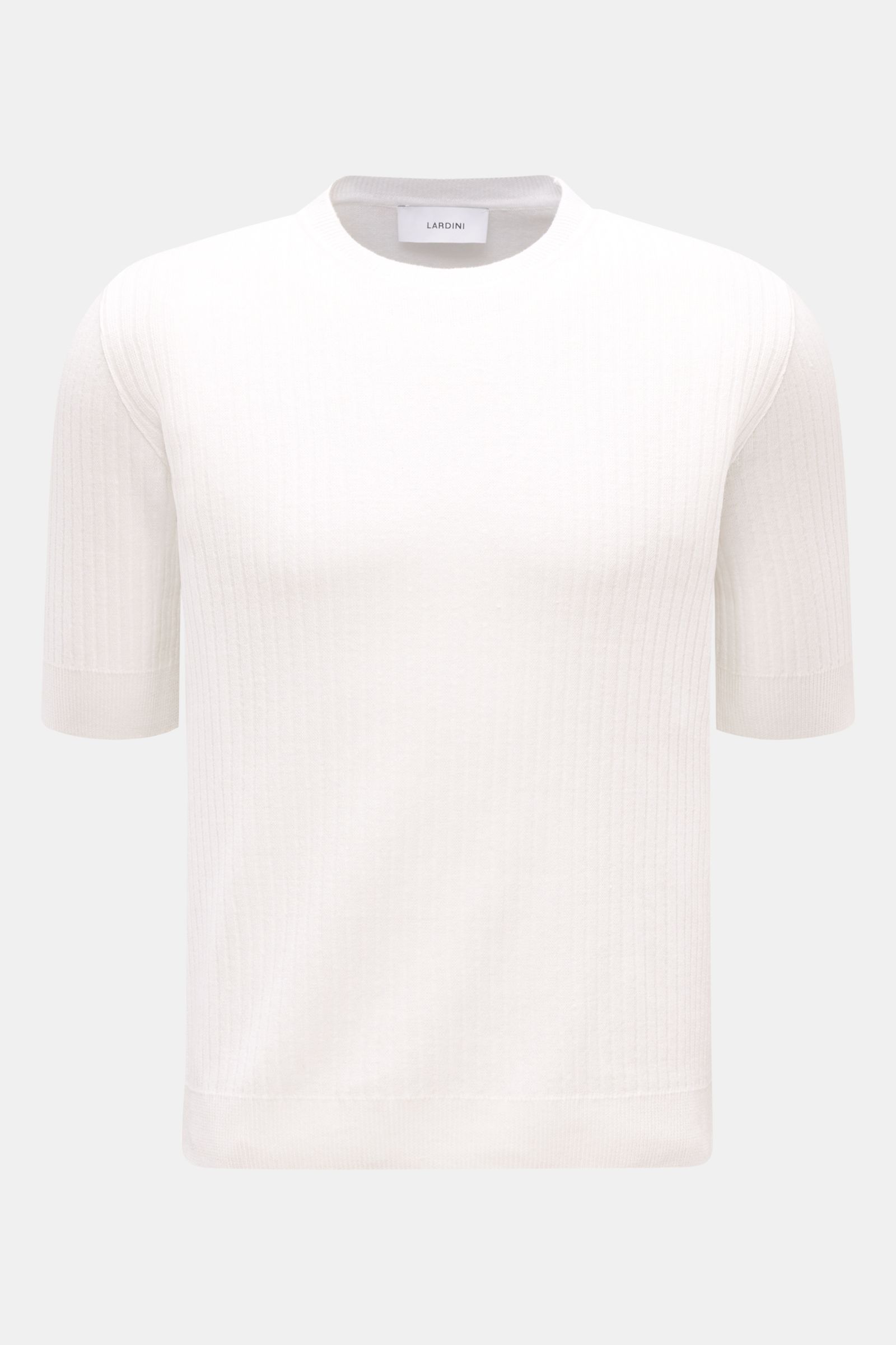 Lardini Kurzarmpullover offwhite, frontal fotografiert, Slim Fit mit Rundhalsausschnitt, weichem Leinen-Baumwoll-Mix und feinem Rippstrick-Design.