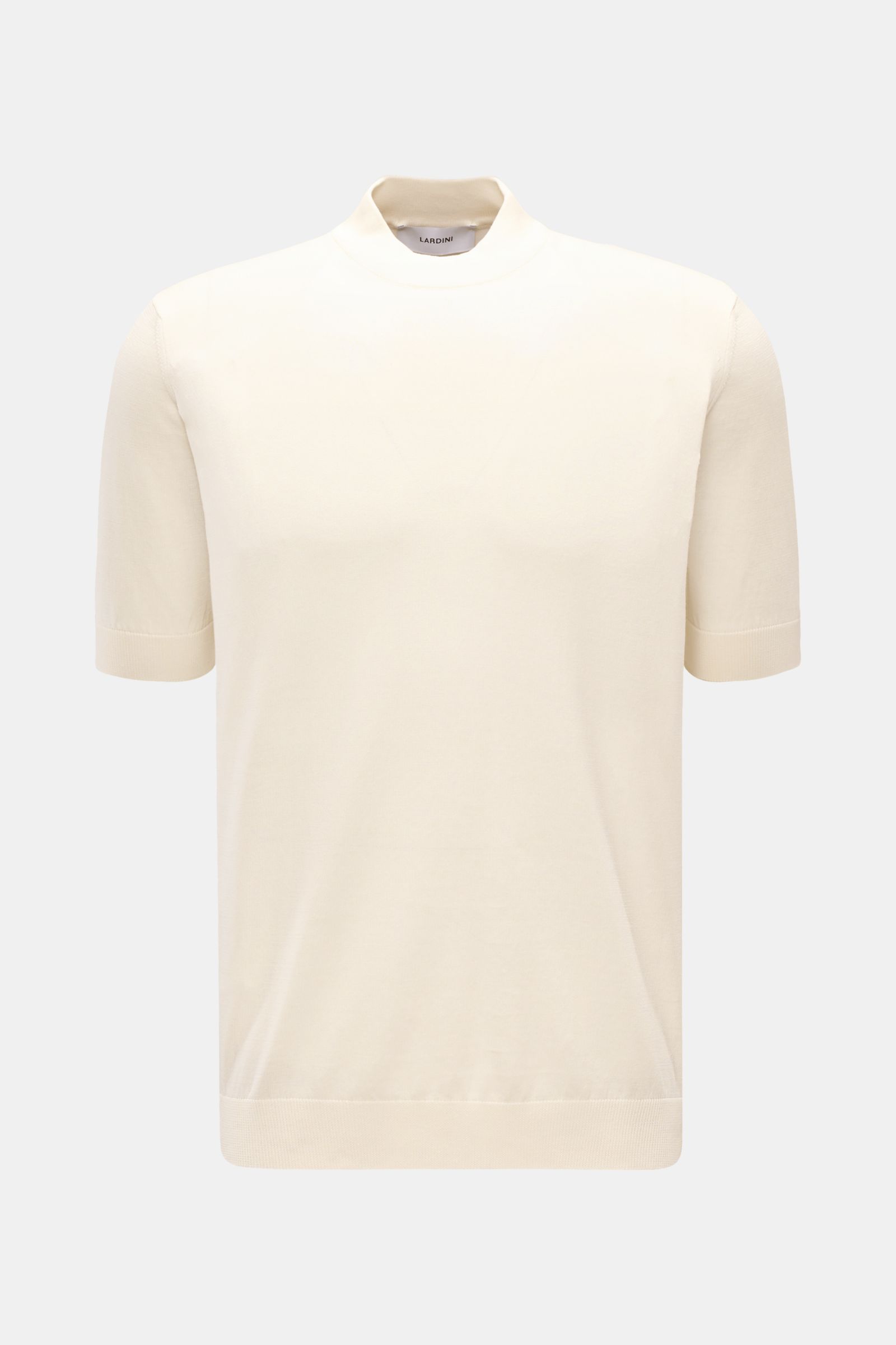 Lardini Kurzarm-Rundhalspullover creme, fein gestrickt, Slim Fit, reine Baumwolle, weicher Griff, dezentes Logo, Rippbündchen, Frontalansicht.