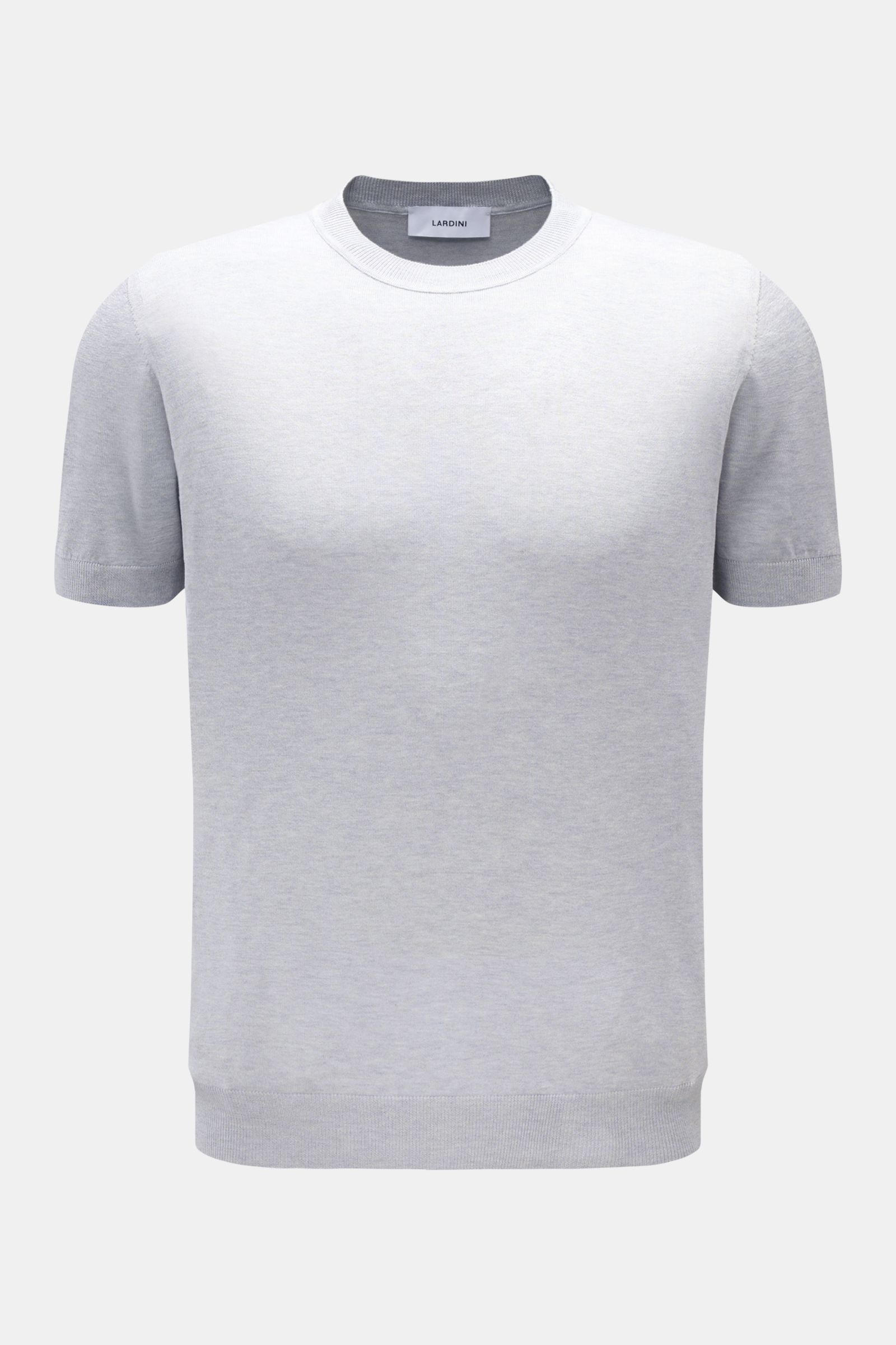 Lardini Seiden Kurzarmpullover rauchblau/hellgrau meliert, Slim Fit, Rundhalsausschnitt, feines Strickbild, flexible Rippbündchen, frontale Ansicht.