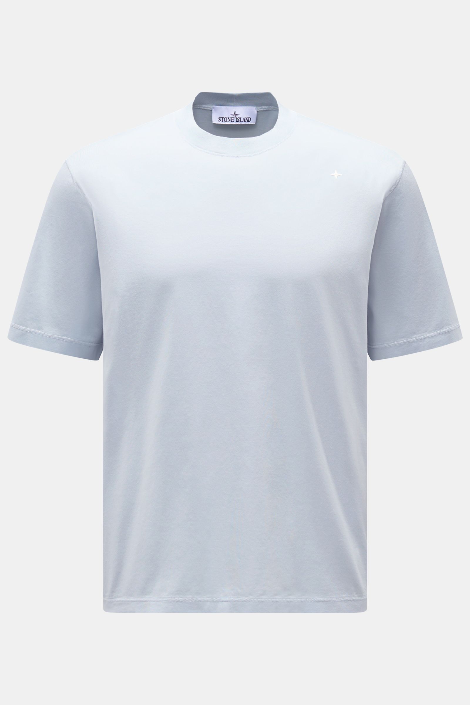 Stone Island Crew neck T-shirt 'Stellina' pastel blue shown front view, made of pure cotton jersey with soft feel, slim fit, and subtle Stellina stitching. Minimalist expression and precise workmanship: The T-shirt 'Stellina' from the Capsule Collection b
