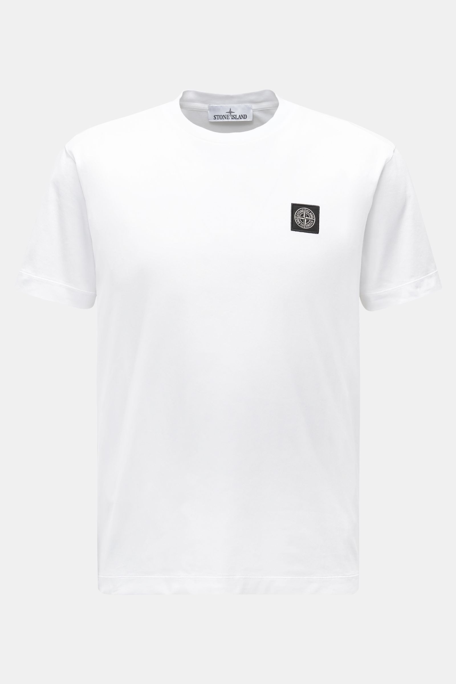 Stone Island T-Shirt 'Basic Cotton' weiß, Slim Fit, reine Baumwolle, weicher Griff, Rundhalsausschnitt, Weblabel Brust, frontal fotografiert.