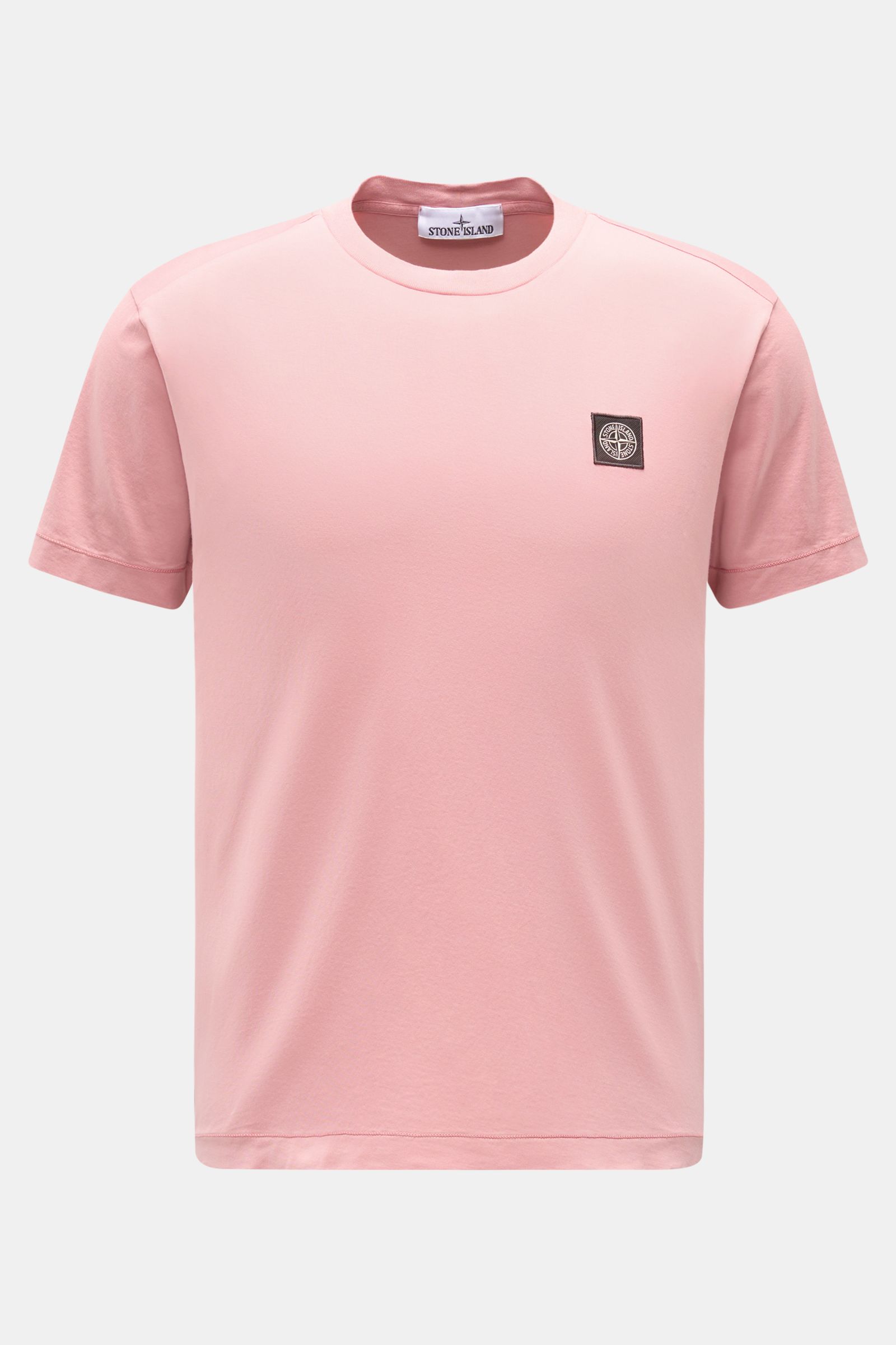 Stone Island T-Shirt 'Basic Cotton' rosé, frontale Nahaufnahme, Slim Fit, reine Baumwolle, weicher Griff, Rundhalsausschnitt, Weblabel auf der Brust.