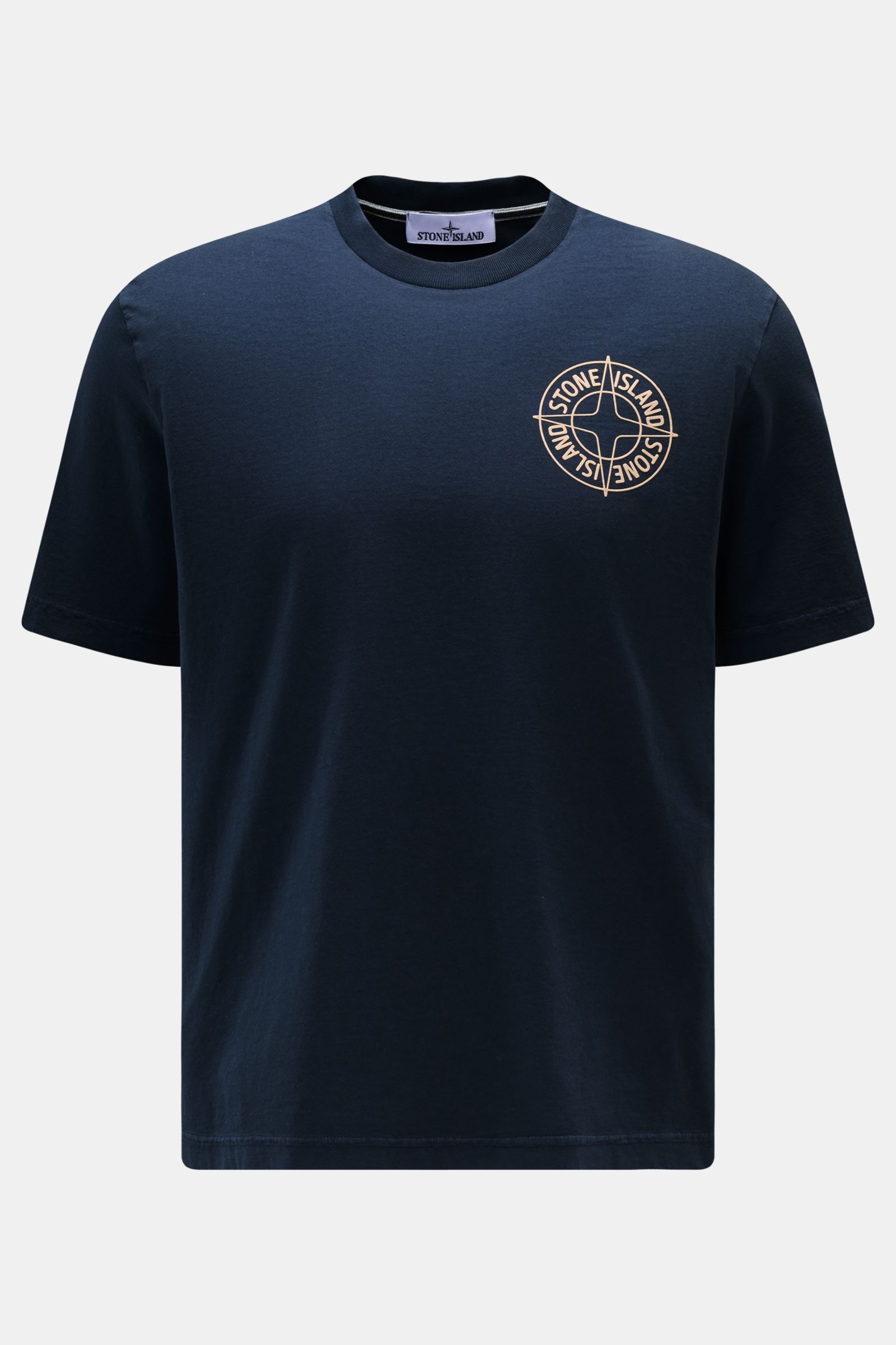 Stone Island T-Shirt 'Print' navy shown from the front, made of pure organic cotton with a soft touch, regular fit, crew neck, and logo print on chest and back. 

Eyecatcher mit Print: Das T-Shirt von STONE ISLAND aus reiner Bio-Baumwolle rundet legere