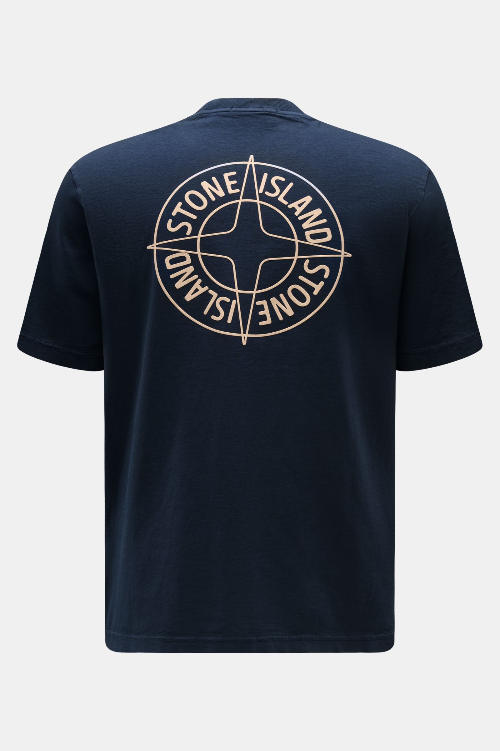 Back view of Stone Island T-Shirt 'Print' navy in pure organic cotton with round neckline, regular fit, soft touch, featuring large logo print on back.

Description: Eyecatcher mit Print: Das T-Shirt von STONE ISLAND aus reiner Bio-Baumwolle rundet leg