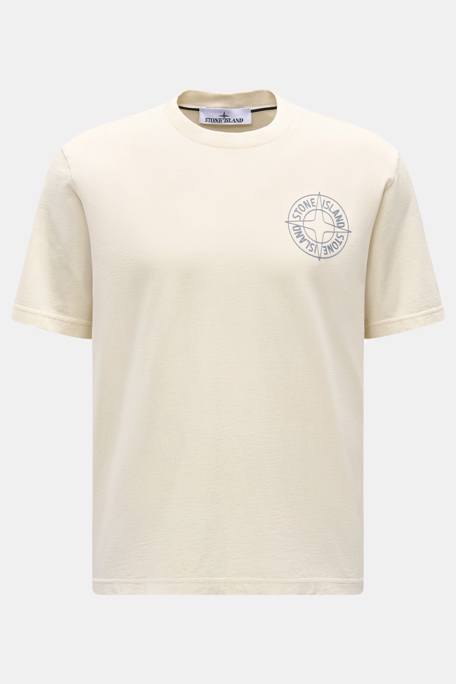 Stone Island T-Shirt 'Print' creme, frontale Ansicht, aus reiner Bio-Baumwolle, weicher Griff, Regular Fit, Rundhalsausschnitt, Logo-Print auf Brust.
