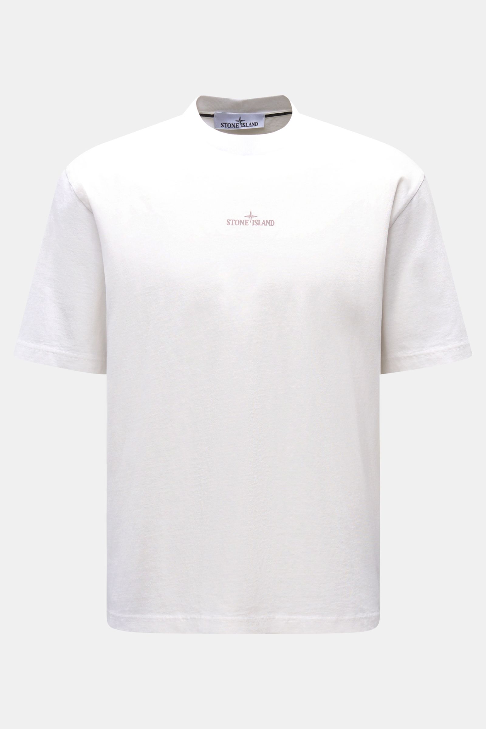 Stone Island Rundhals-T-Shirt offwhite, Frontansicht, Regular Fit aus schwerer Baumwolle mit STONE ISLAND-Print und plakativem Rückenprint.