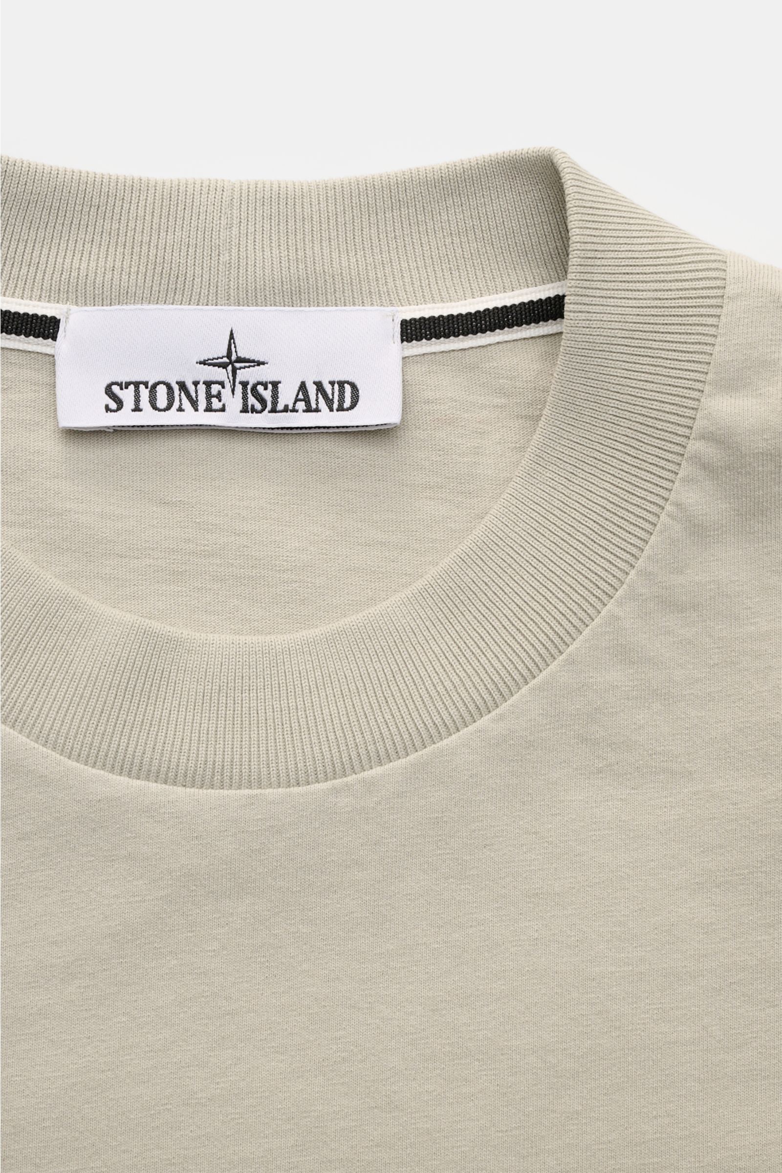 Stone Island Rundhals-T-Shirt hellgrau aus schwerer Baumwolle, Regular Fit mit Rundhalsausschnitt, Front- und Rückenprint, Nahaufnahme Kragen.