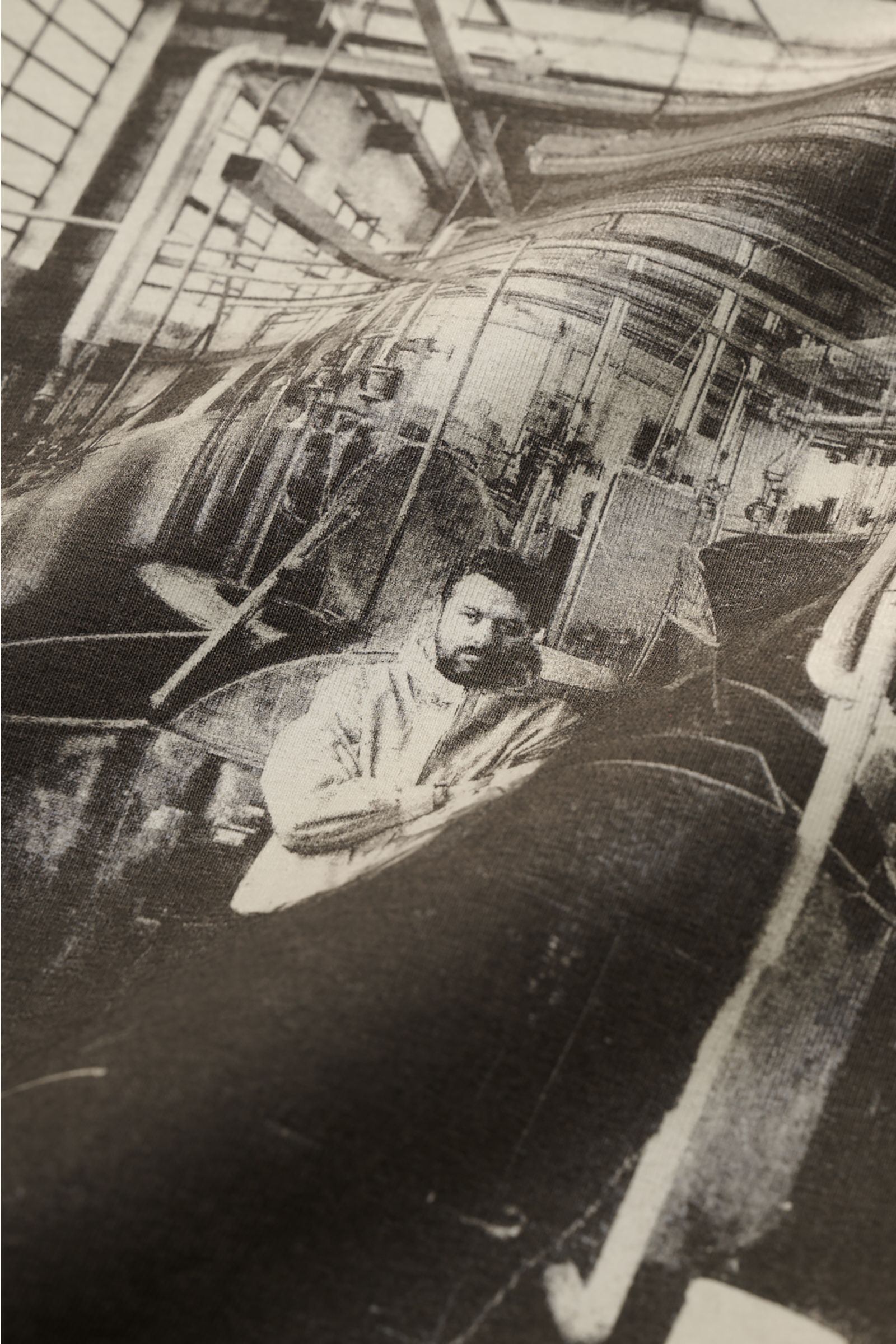 Stone Island Rundhals-T-Shirt hellgrau mit plakativer Fotografie auf der Front, aus leichter Baumwolle, Nahaufnahme schräg.