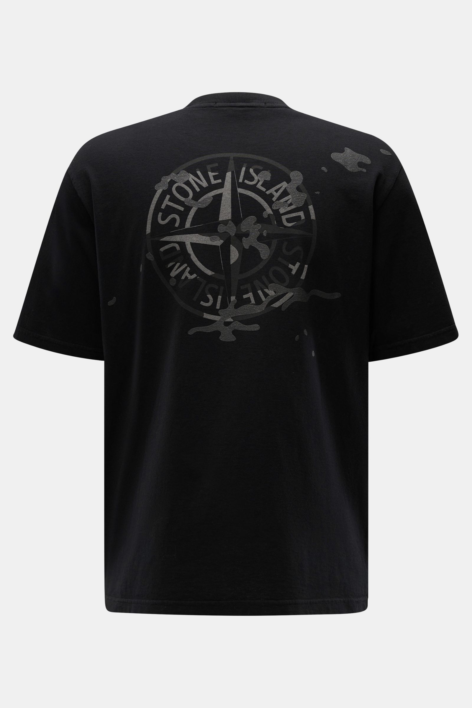 Stone Island Rundhals-T-Shirt schwarz in schwerer Baumwollqualität, Rückenprint und Frontprint, weicher Griff, Regular Fit, Rückansicht.