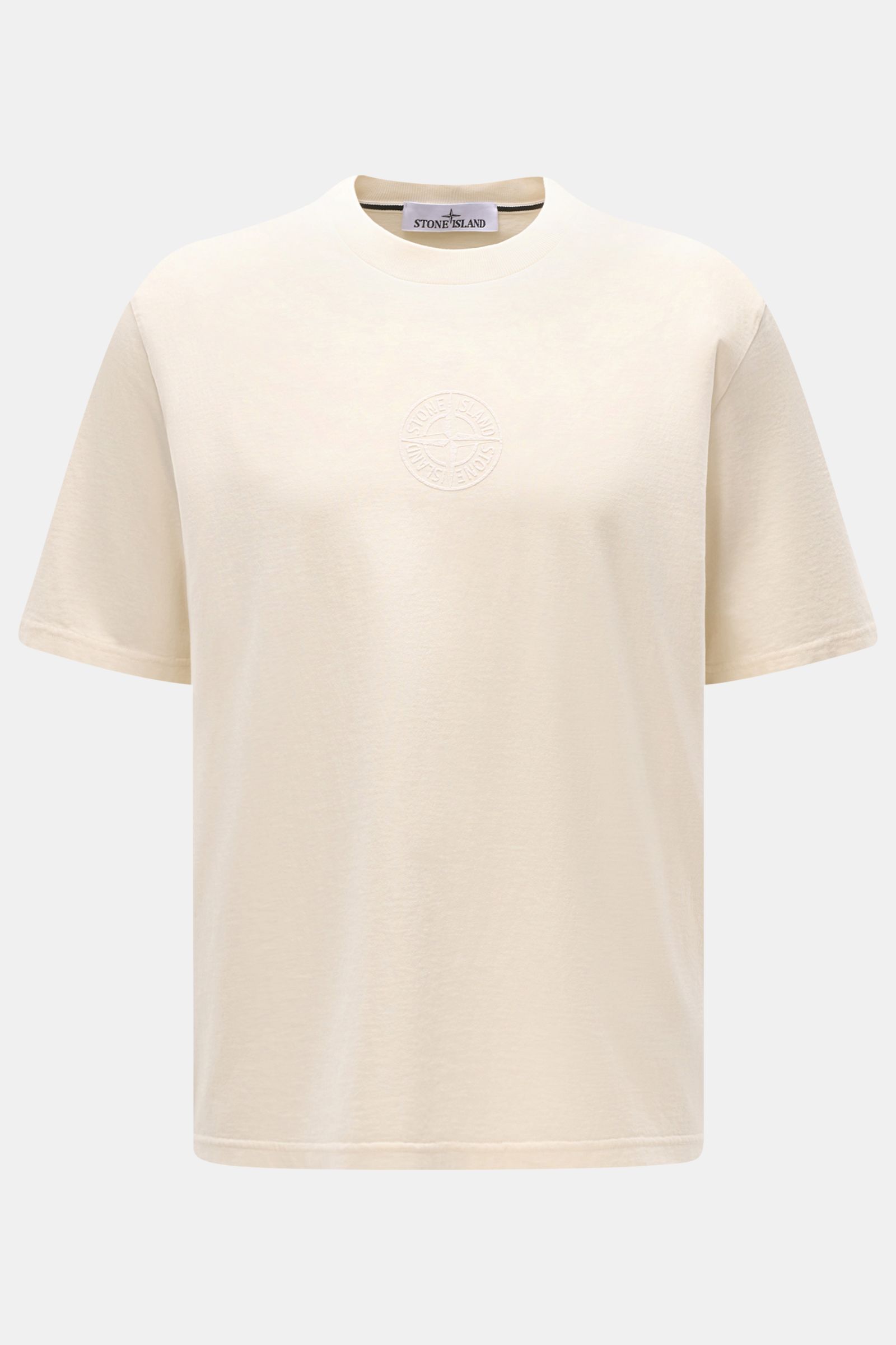 Front view of Stone Island Crew neck T-shirt cream in heavyweight cotton jersey with soft feel, regular fit, subtle front logo print.

Description: Striking casual basic: STONE ISLAND presents this casual T-shirt made from heavyweight cotton fabric wit