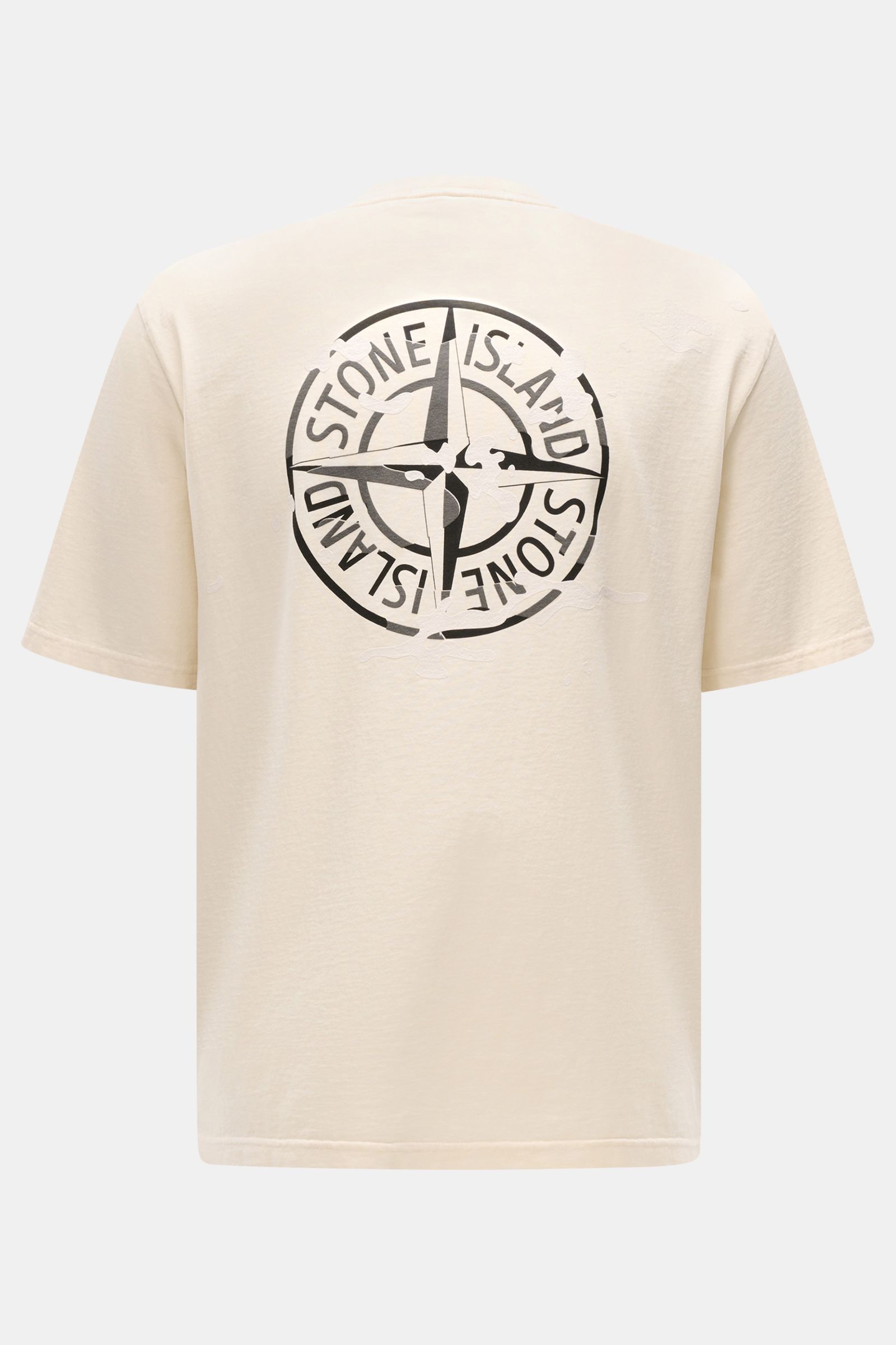 Stone Island Crew neck T-shirt cream shown from the back, featuring a bold black and white Stone Island print on heavyweight cotton fabric.

Striking casual basic: STONE ISLAND presents this casual T-shirt made from heavyweight cotton fabric with a str